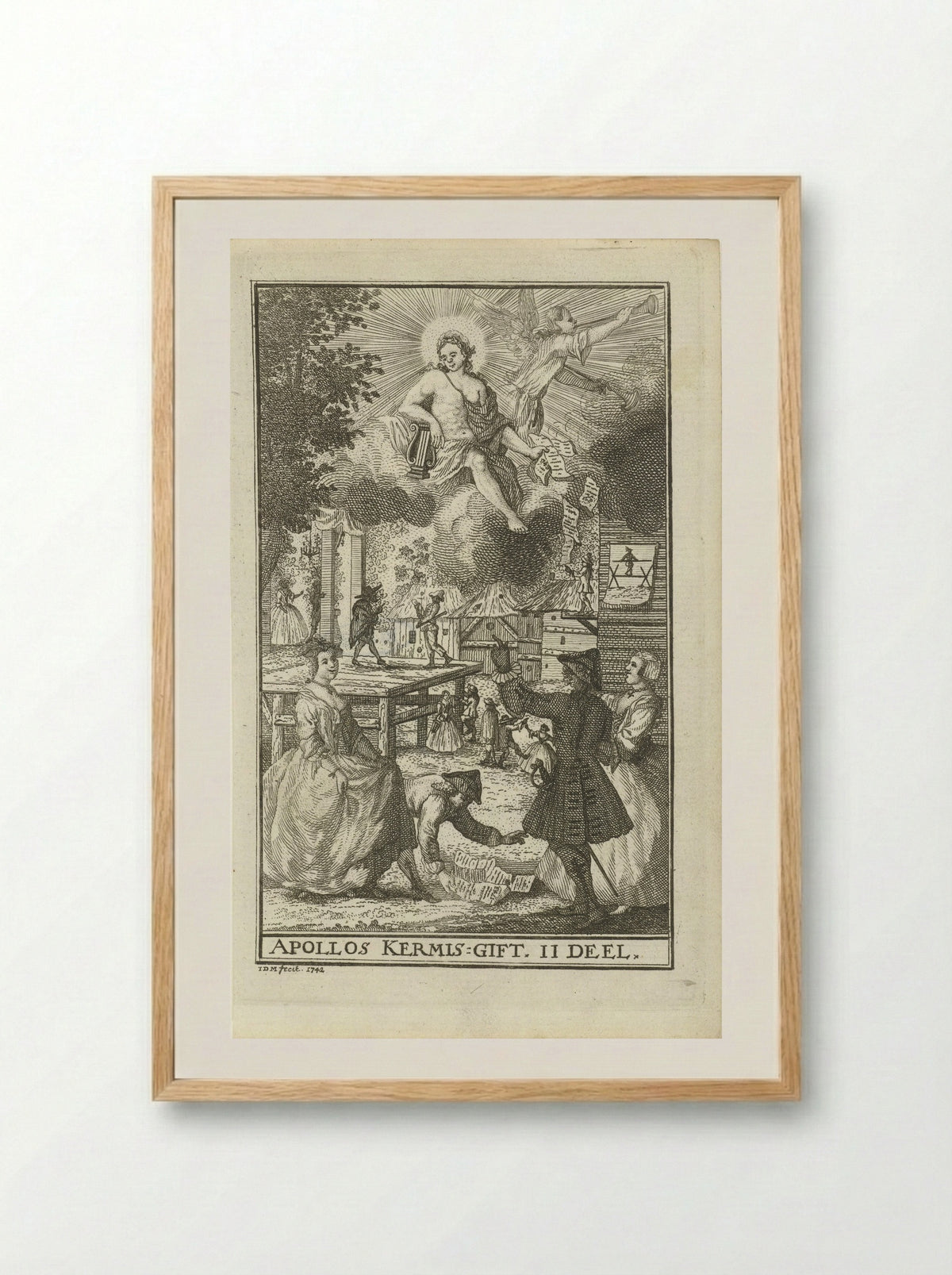 Apollo werpt gezangen naar figuren op een kermis - Jan van den Bergh - Framed Print Wood
