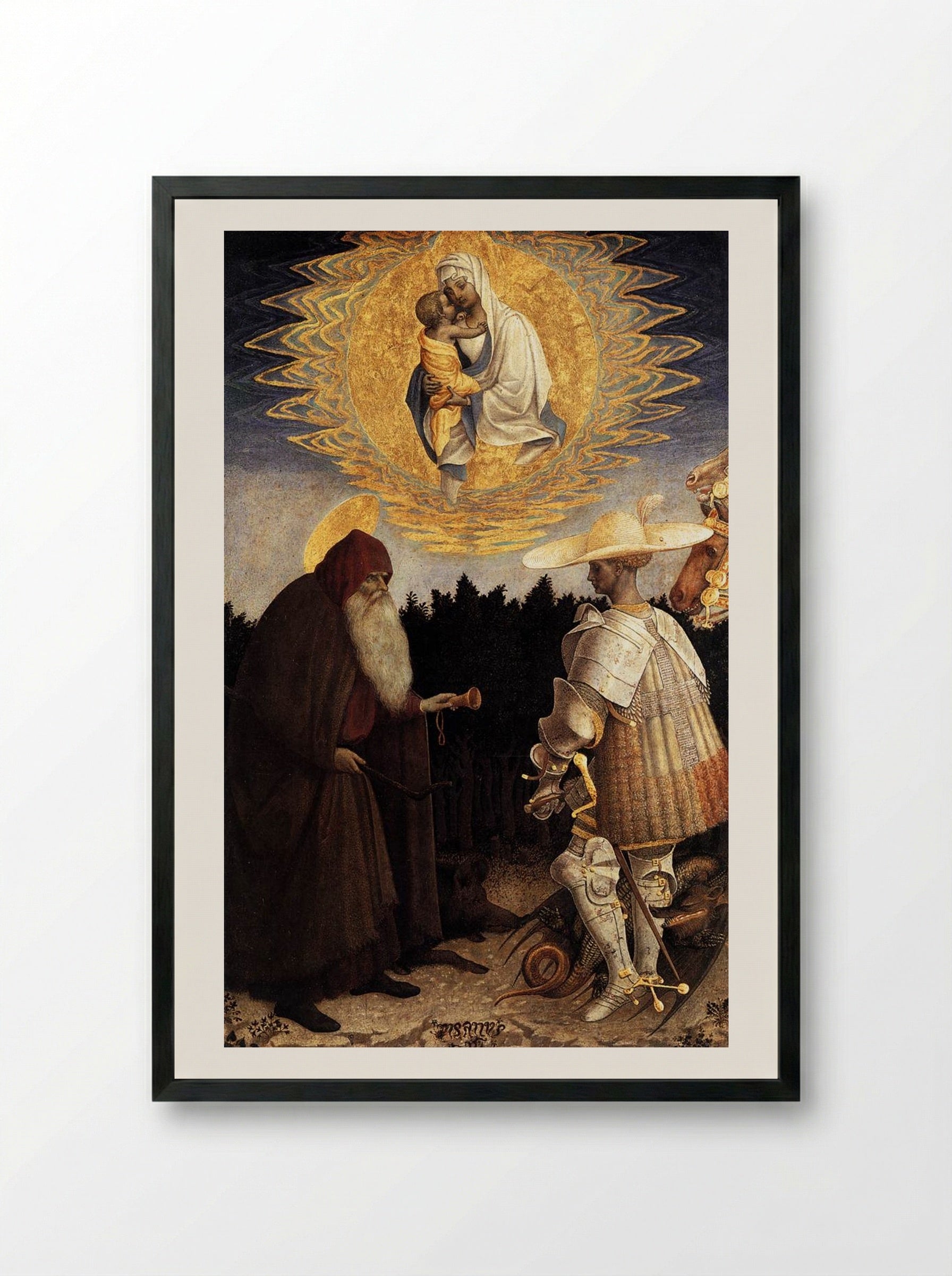 Apparition of the Virgin to Saints Anthony Abbot and George - Pisanello - Framed Print Black