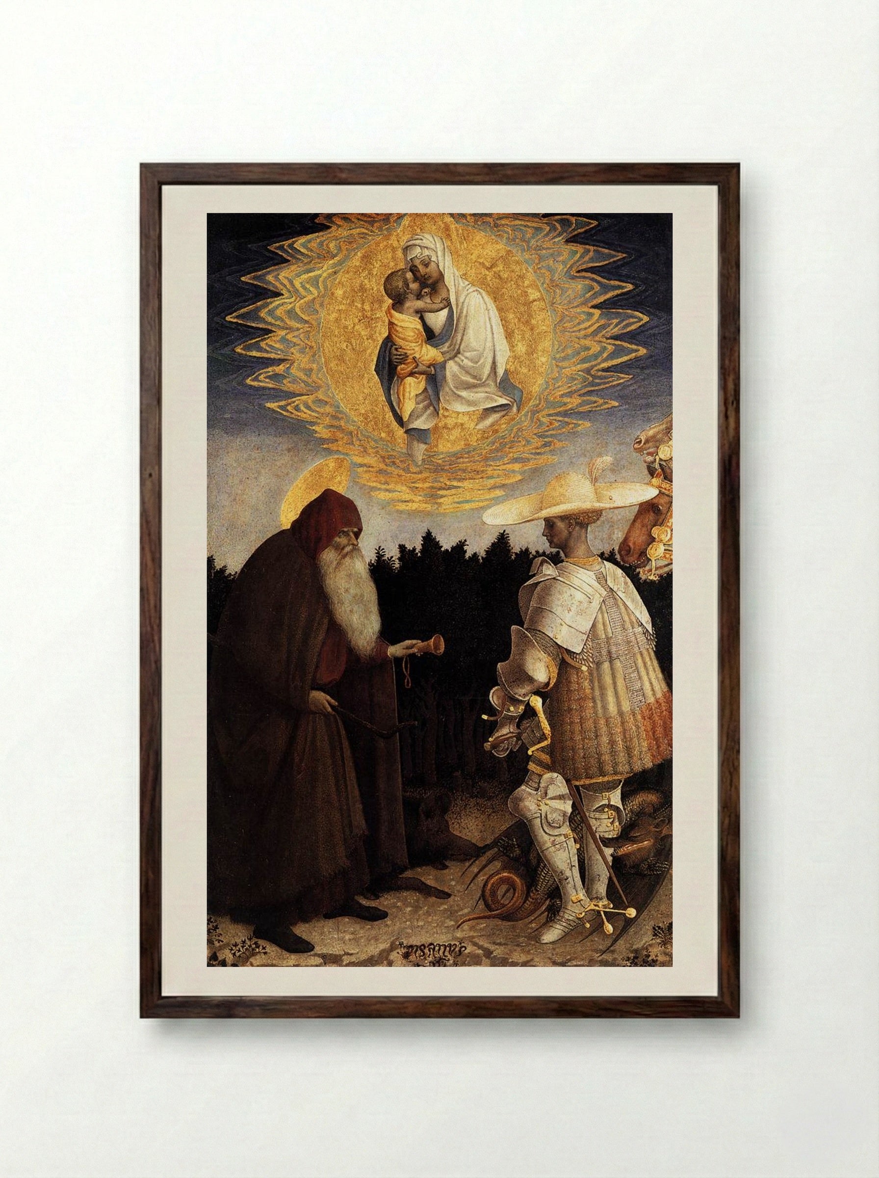 Apparition of the Virgin to Saints Anthony Abbot and George - Pisanello - Framed Print Dark Wood