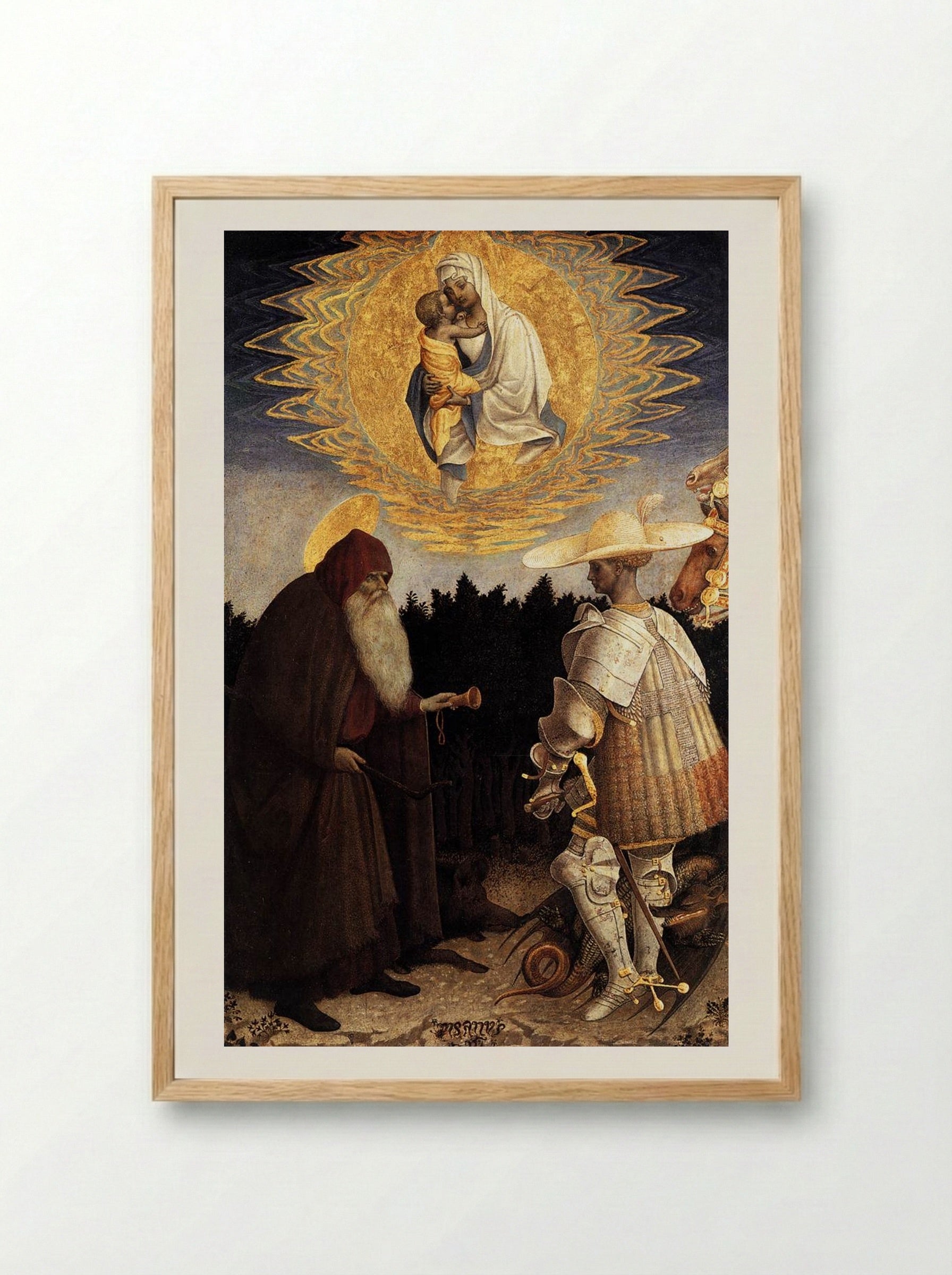 Apparition of the Virgin to Saints Anthony Abbot and George - Pisanello - Framed Print Wood