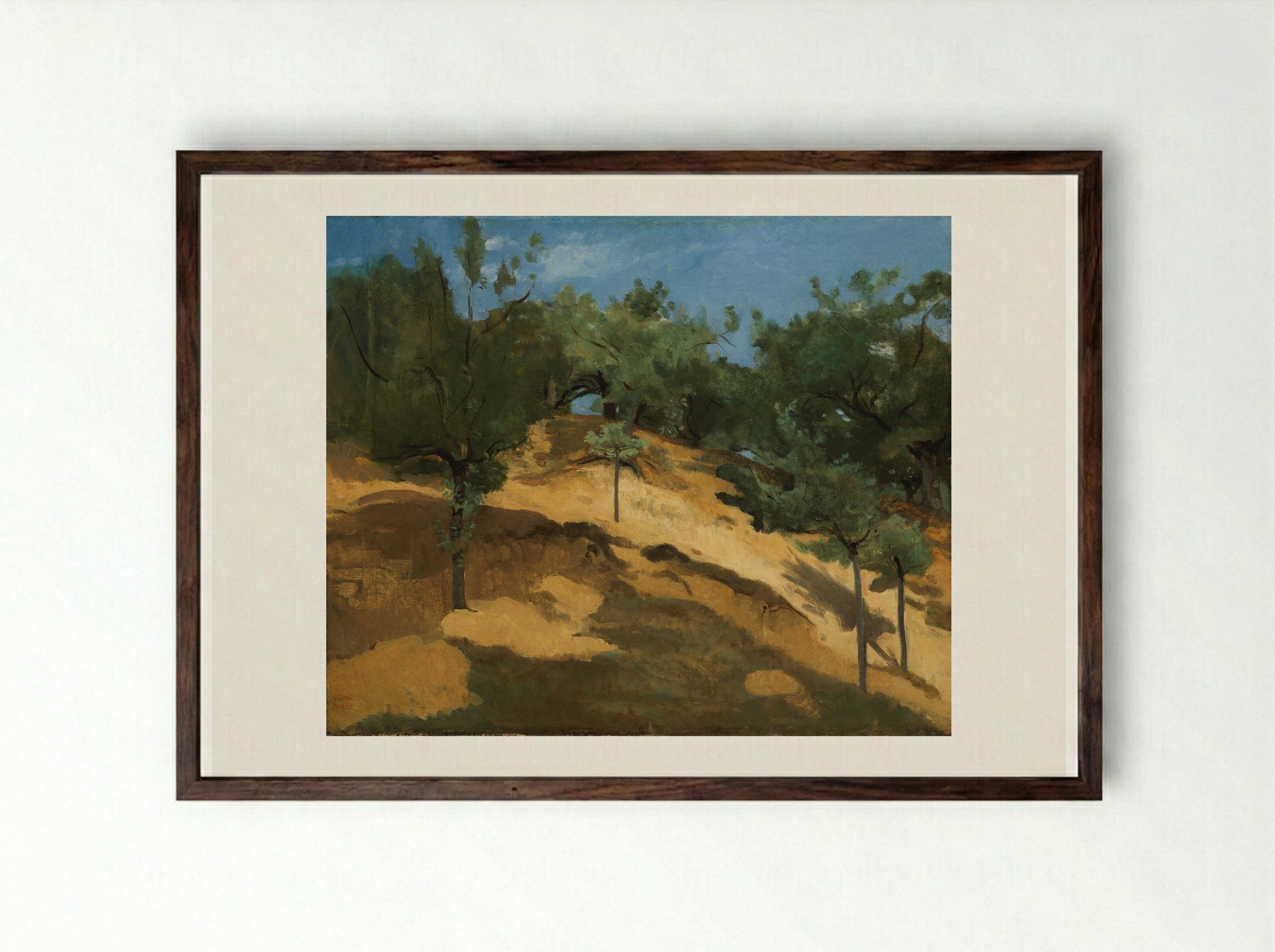 Apple Trees on a Hillside near Saint-Lô - Jean-Baptiste-Camille Corot - Framed Print Dark Wood