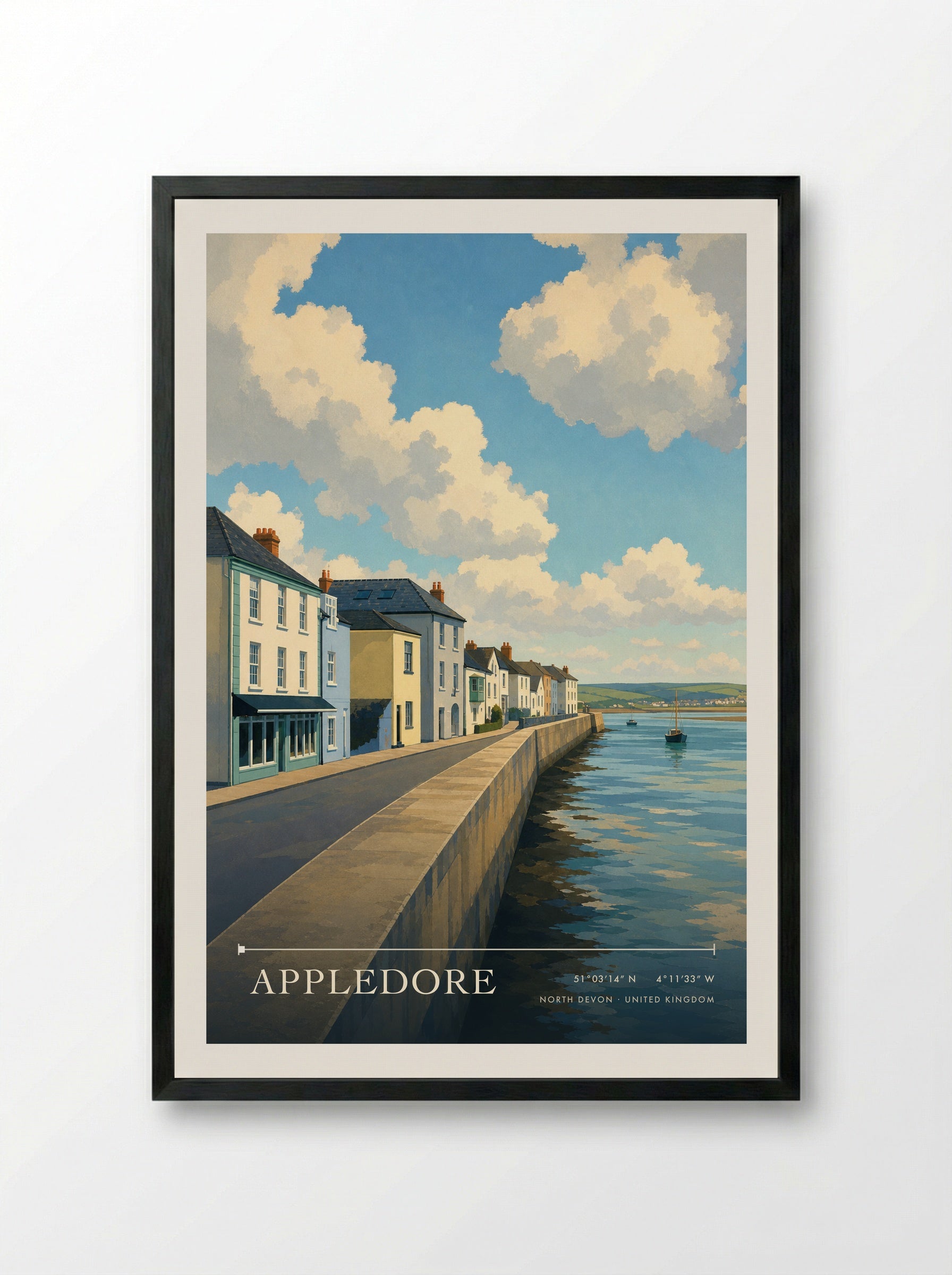 Appledore Quay, North Devon Travel Poster - Framed Print Black