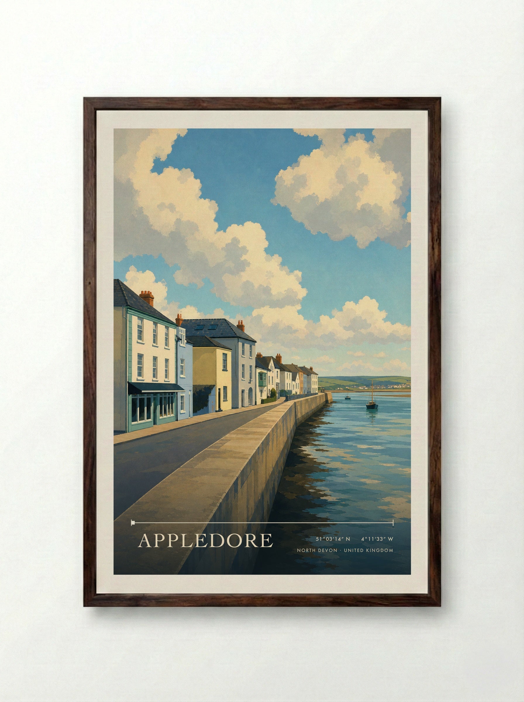 Appledore Quay, North Devon Travel Poster - Framed Print Dark Wood