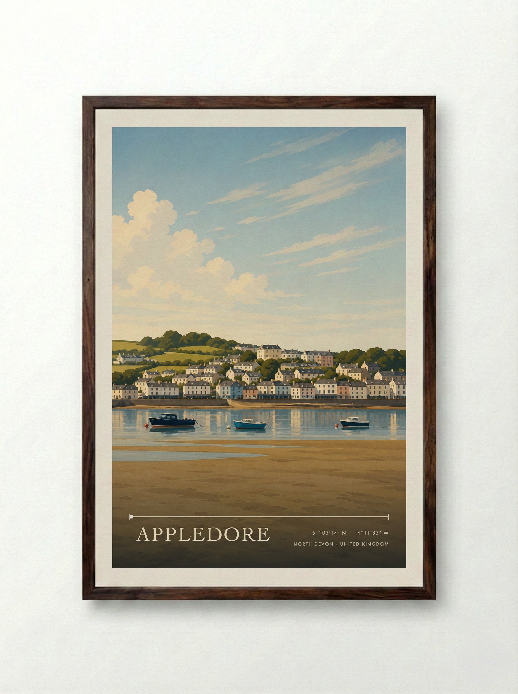 Appledore from Instow, North Devon Travel Poster - Framed Print Dark Wood