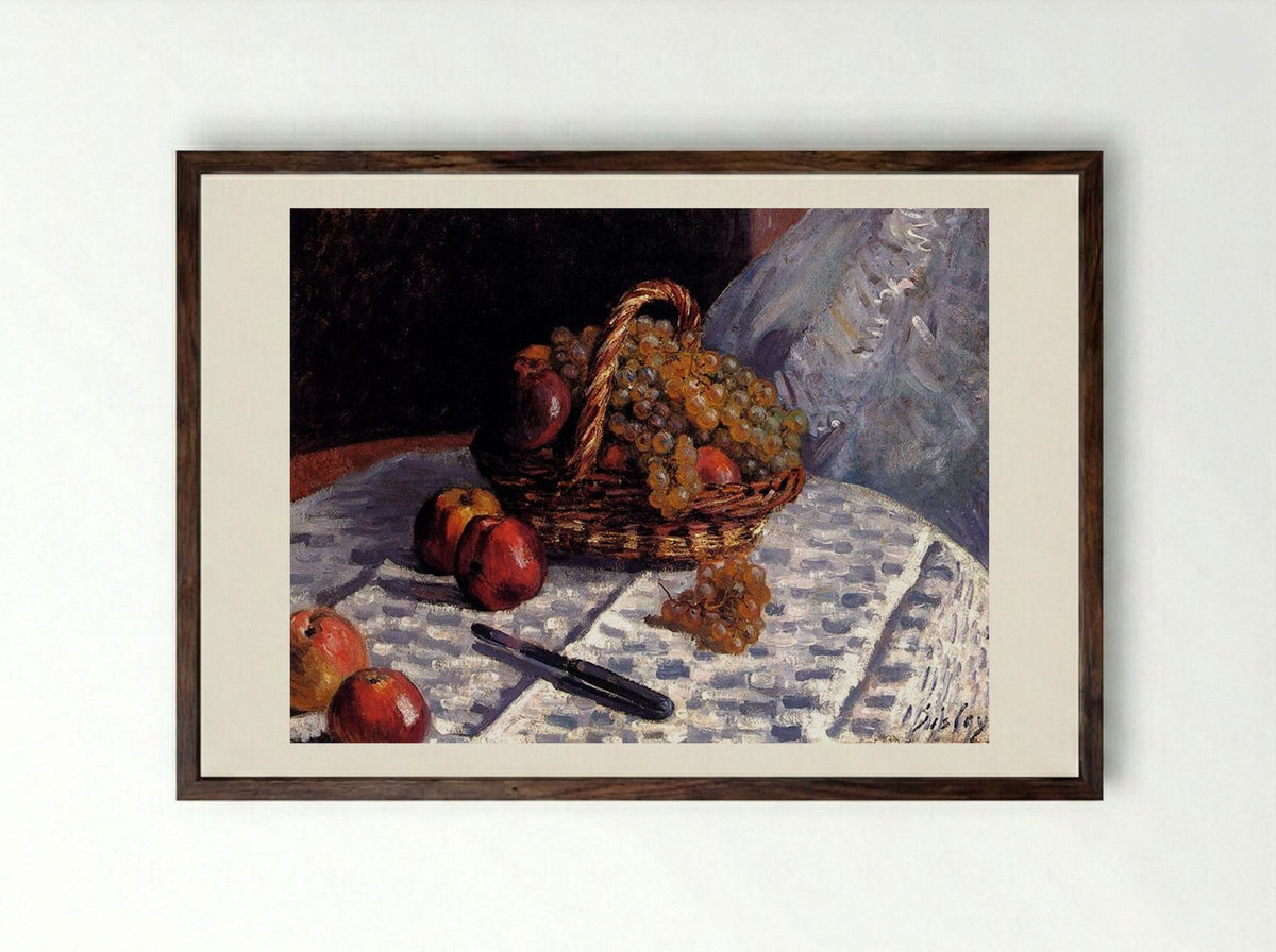 Apples and Grapes in a Basket - Alfred Sisley - Framed Print Dark Wood