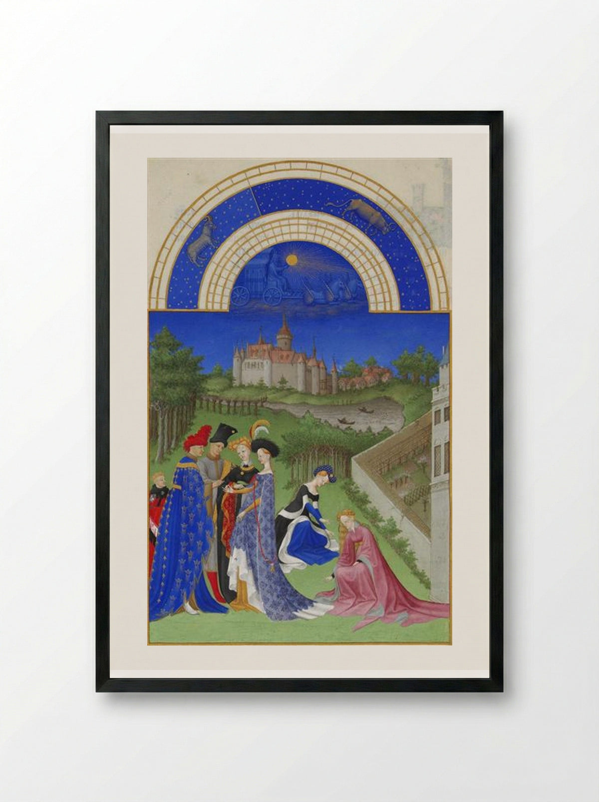 April: Courtly Figures in the Castle Grounds - Limbourg brothers - Framed Print Black