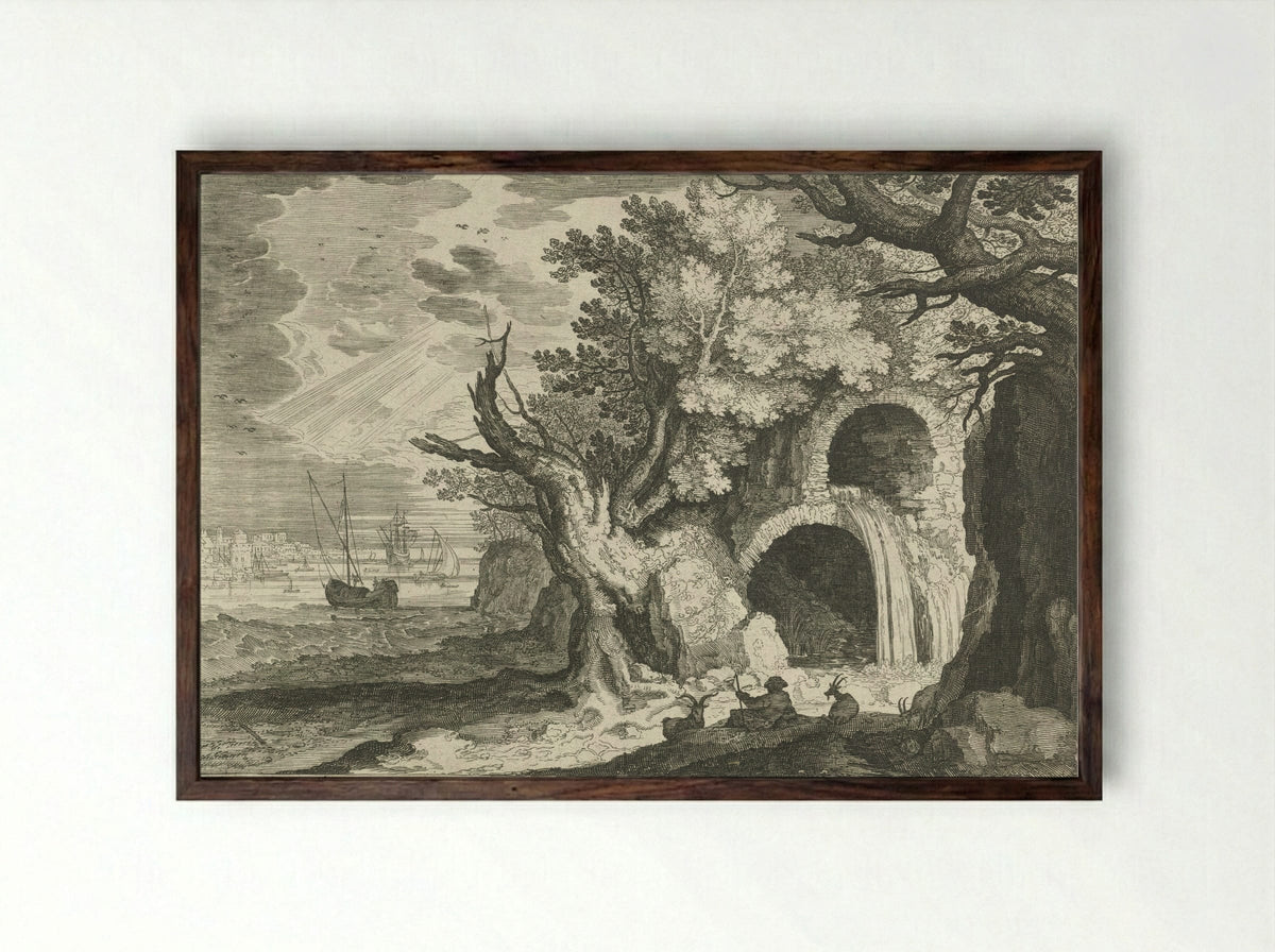 Aqueduct with Waterfall - Aegidius Sadeler (II) - Framed Print Dark Wood