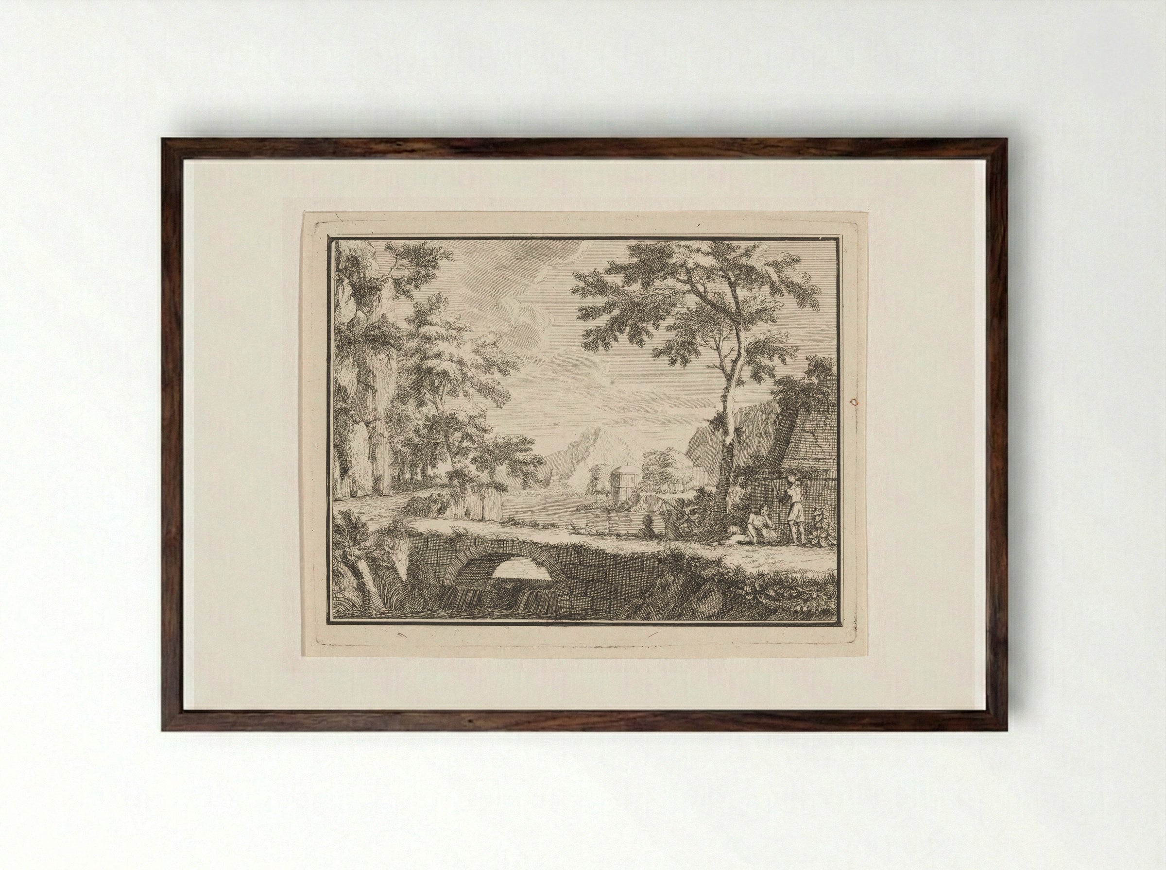 Arcadian Landscape with Fishermen by a Stone Bridge - Louis Fabritius Dubourg - Framed Print Dark Wood