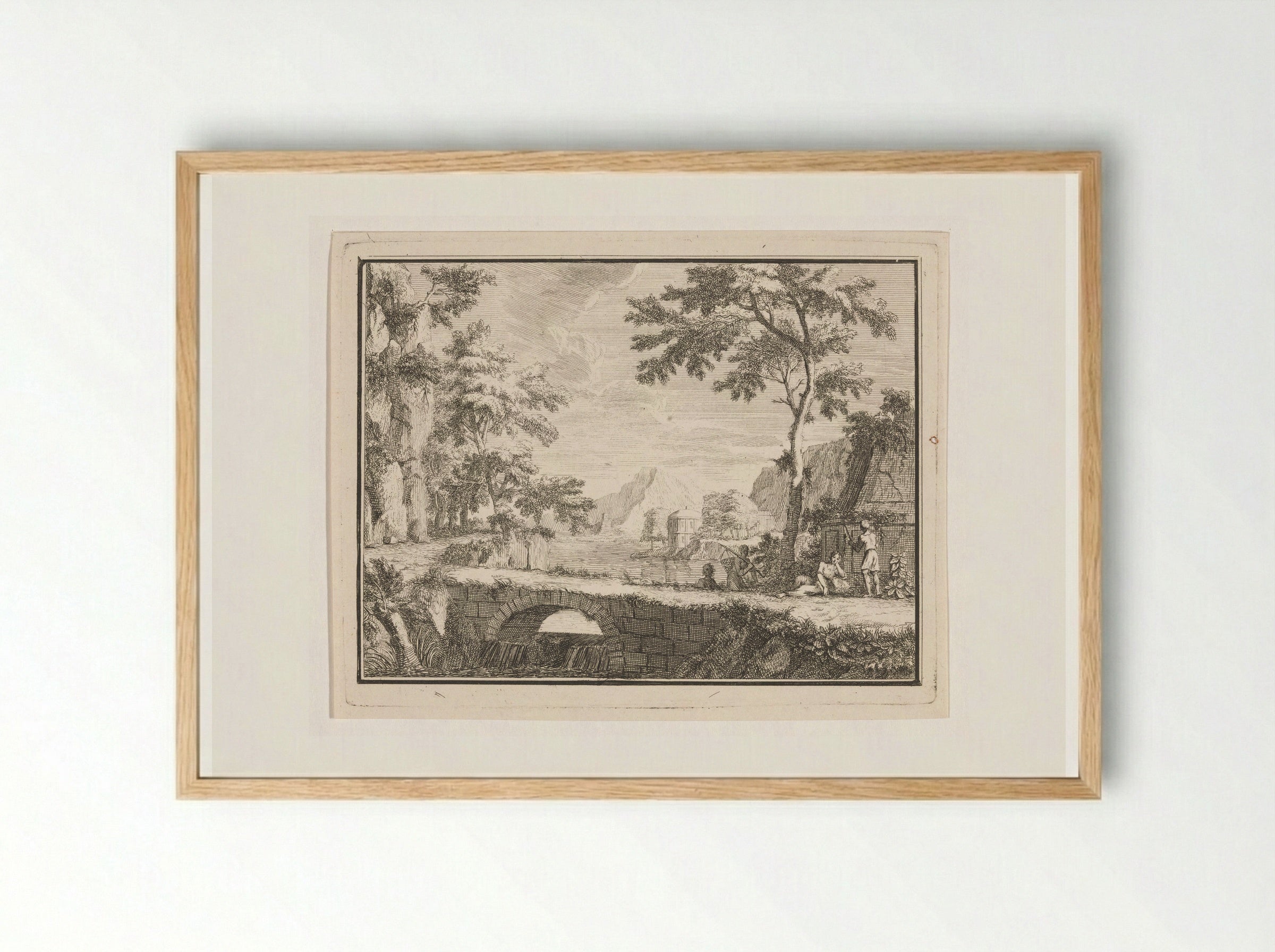 Arcadian Landscape with Fishermen by a Stone Bridge - Louis Fabritius Dubourg - Framed Print Wood