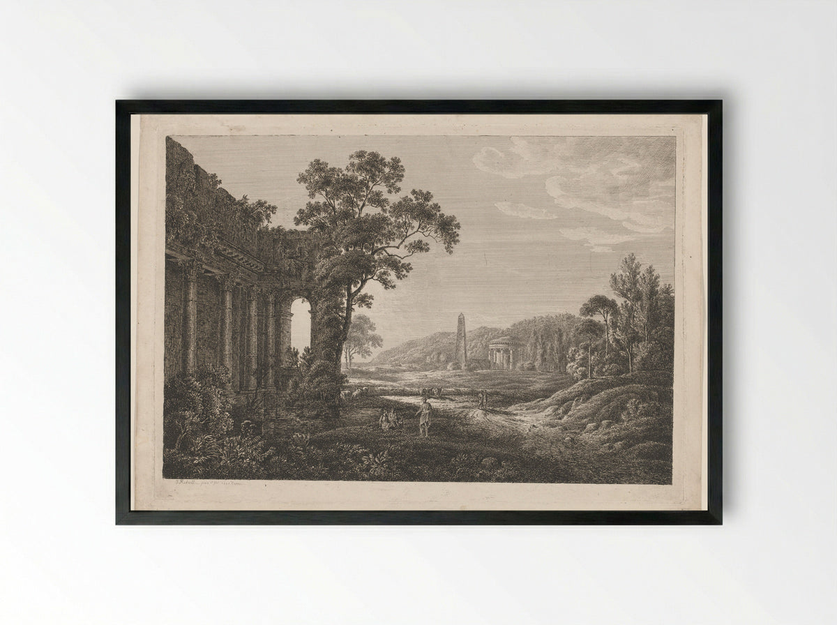 Arcadian Scene with Ruined Temple, Obelisk, Figures and Cattle - Joseph Rebell - Framed Print Black