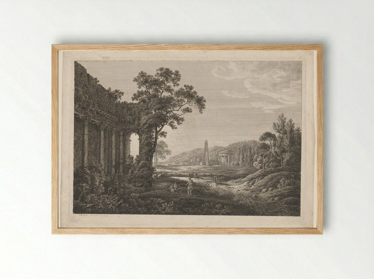 Arcadian Scene with Ruined Temple, Obelisk, Figures and Cattle - Joseph Rebell - Framed Print Wood