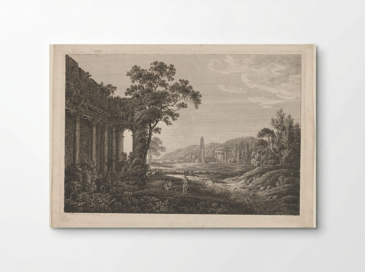 Arcadian Scene with Ruined Temple, Obelisk, Figures and Cattle - Joseph Rebell - Poster