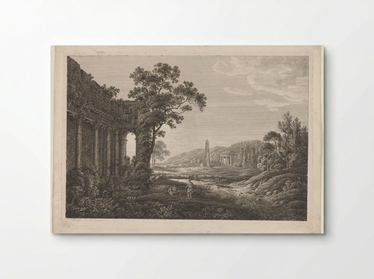 Arcadian Scene with Ruined Temple, Obelisk, Figures and Cattle - Joseph Rebell - Poster
