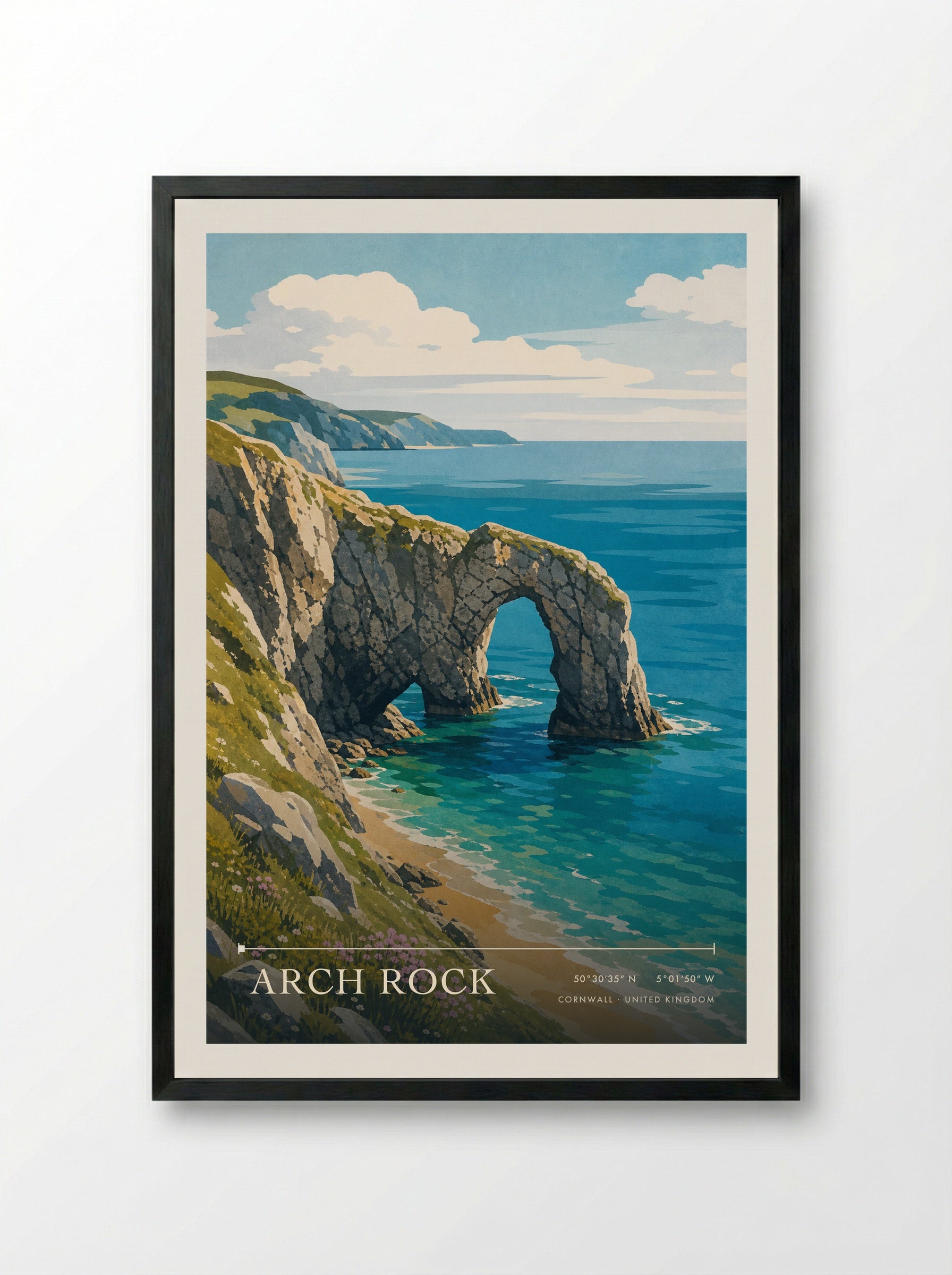 Arch Rock Cornwall United Kingdom Travel Poster - Framed Print Black