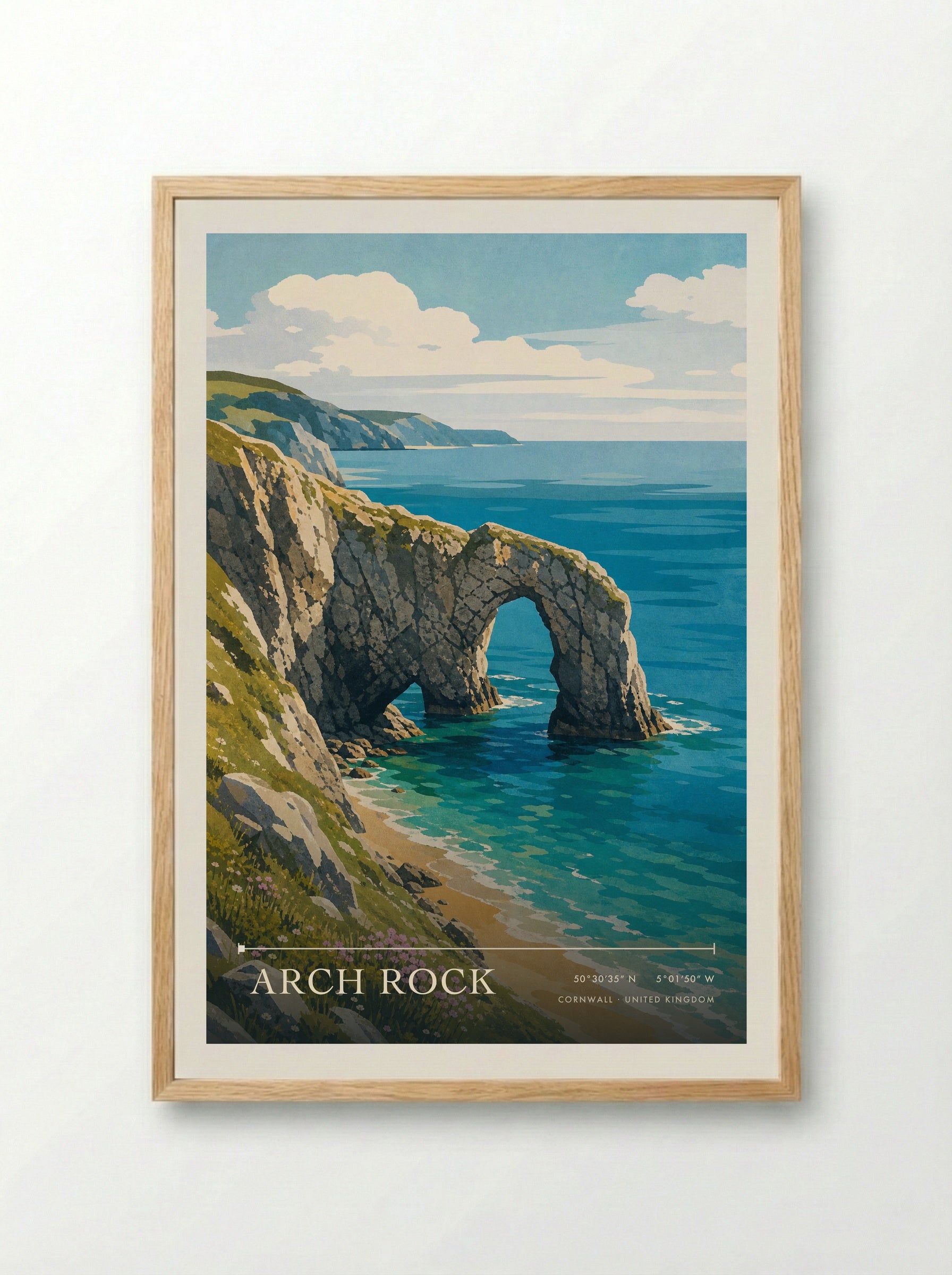 Arch Rock Cornwall United Kingdom Travel Poster - Framed Print Wood