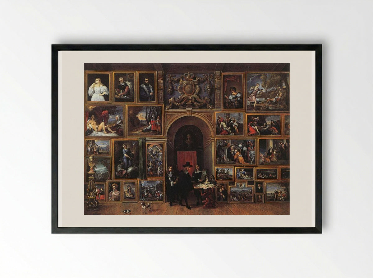 Archduke Leopold Wilhelm of Austria in his Gallery - David Teniers the Younger - Framed Print Black