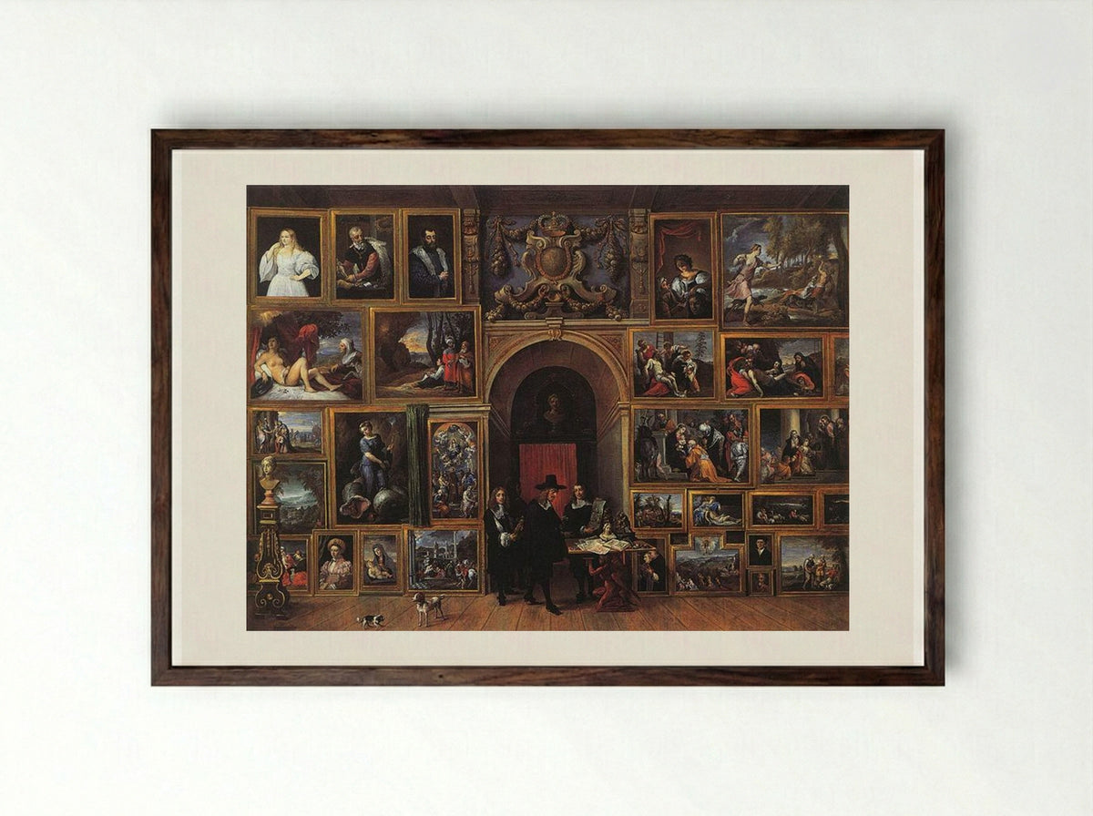 Archduke Leopold Wilhelm of Austria in his Gallery - David Teniers the Younger - Framed Print Dark Wood