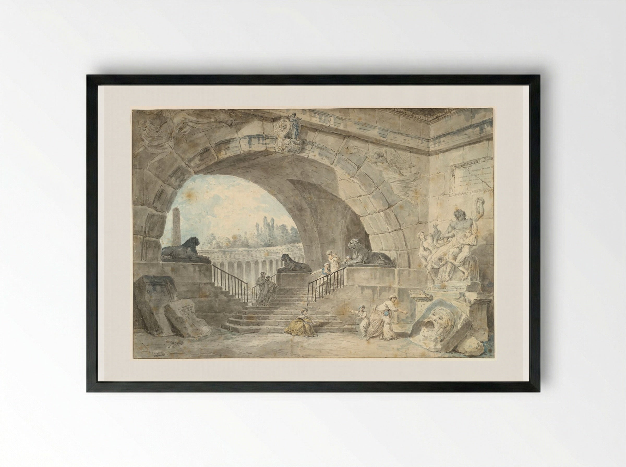 Architectural Capriccio with the Laocoön - Hubert Robert - Framed Print Black