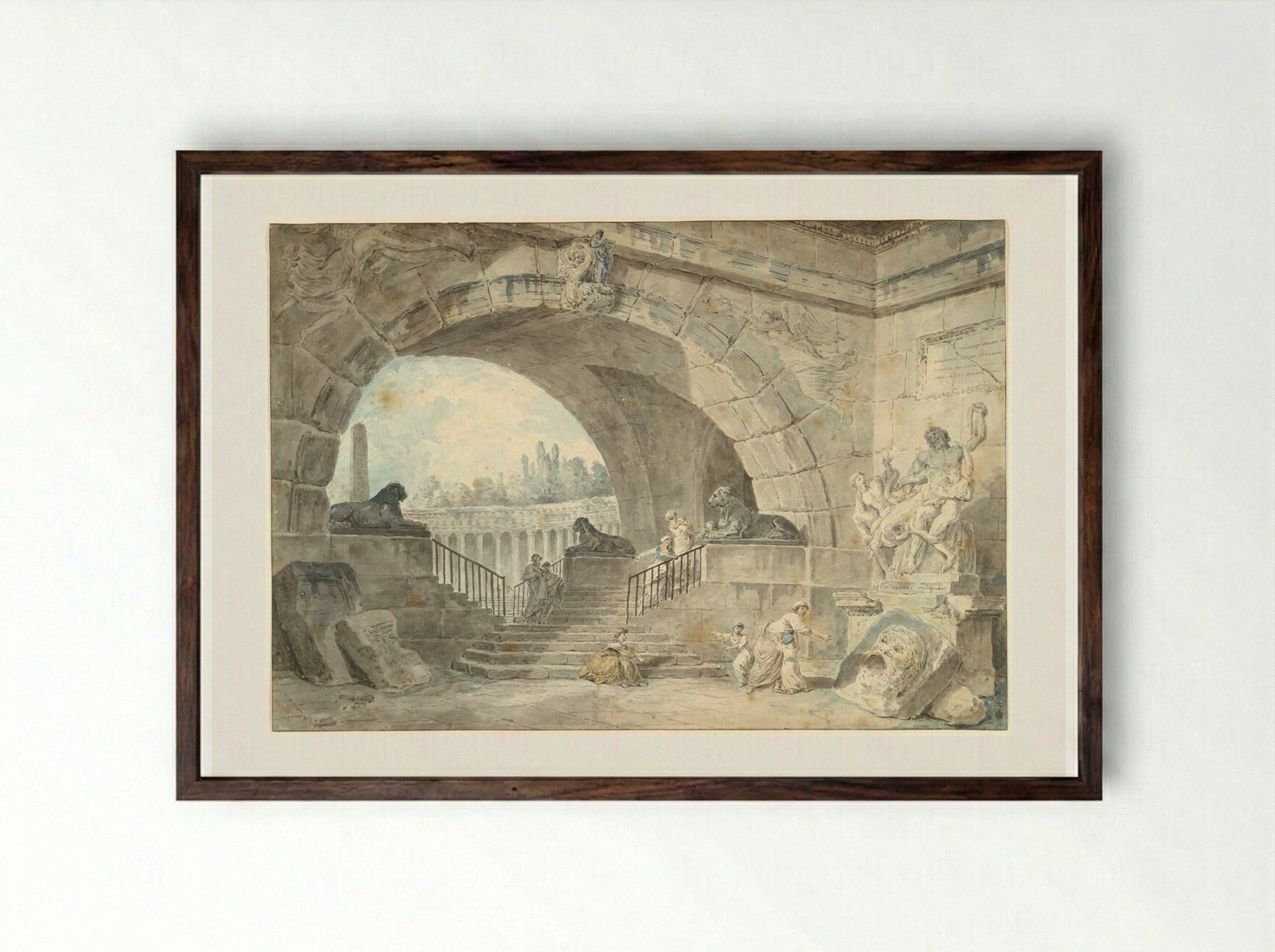 Architectural Capriccio with the Laocoön - Hubert Robert - Framed Print Dark Wood