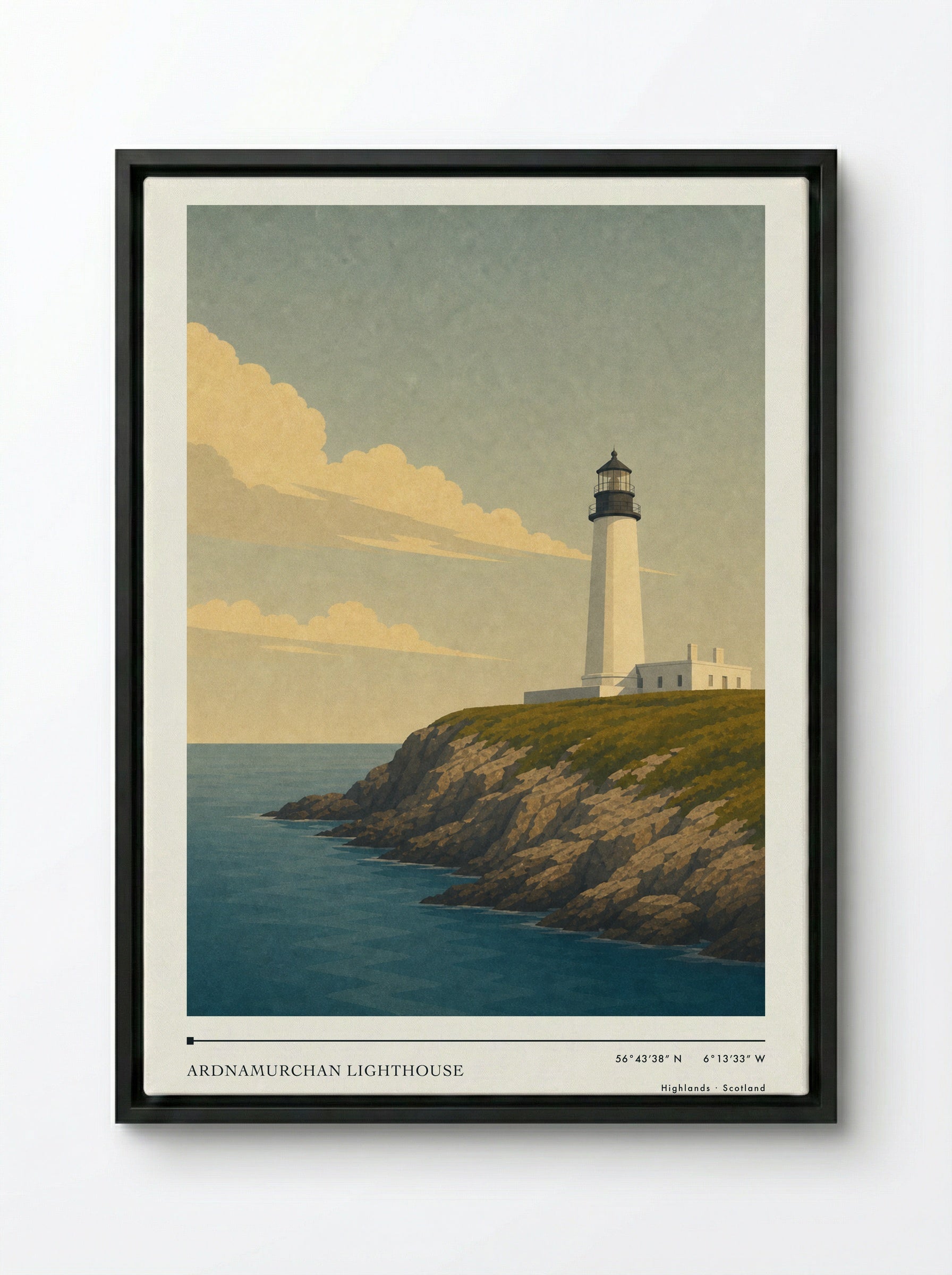Ardnamurchan Lighthouse Travel Poster Artwork - Framed Canvas Black