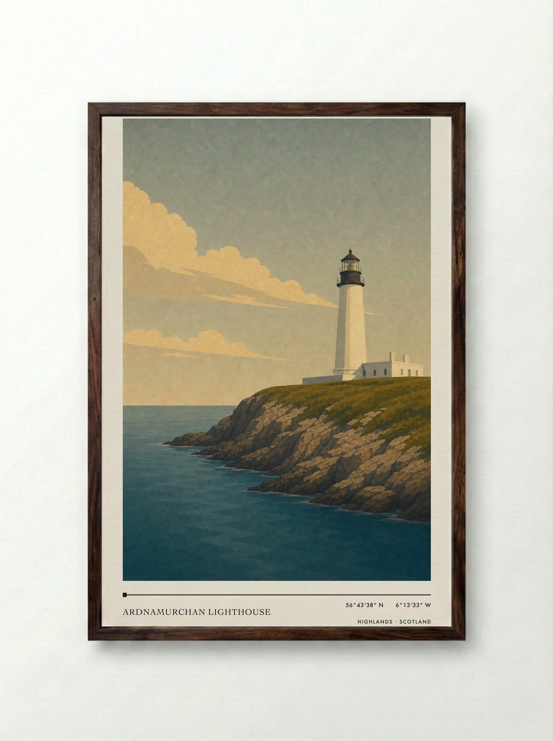 Ardnamurchan Lighthouse Travel Poster Artwork - Framed Print Dark Wood