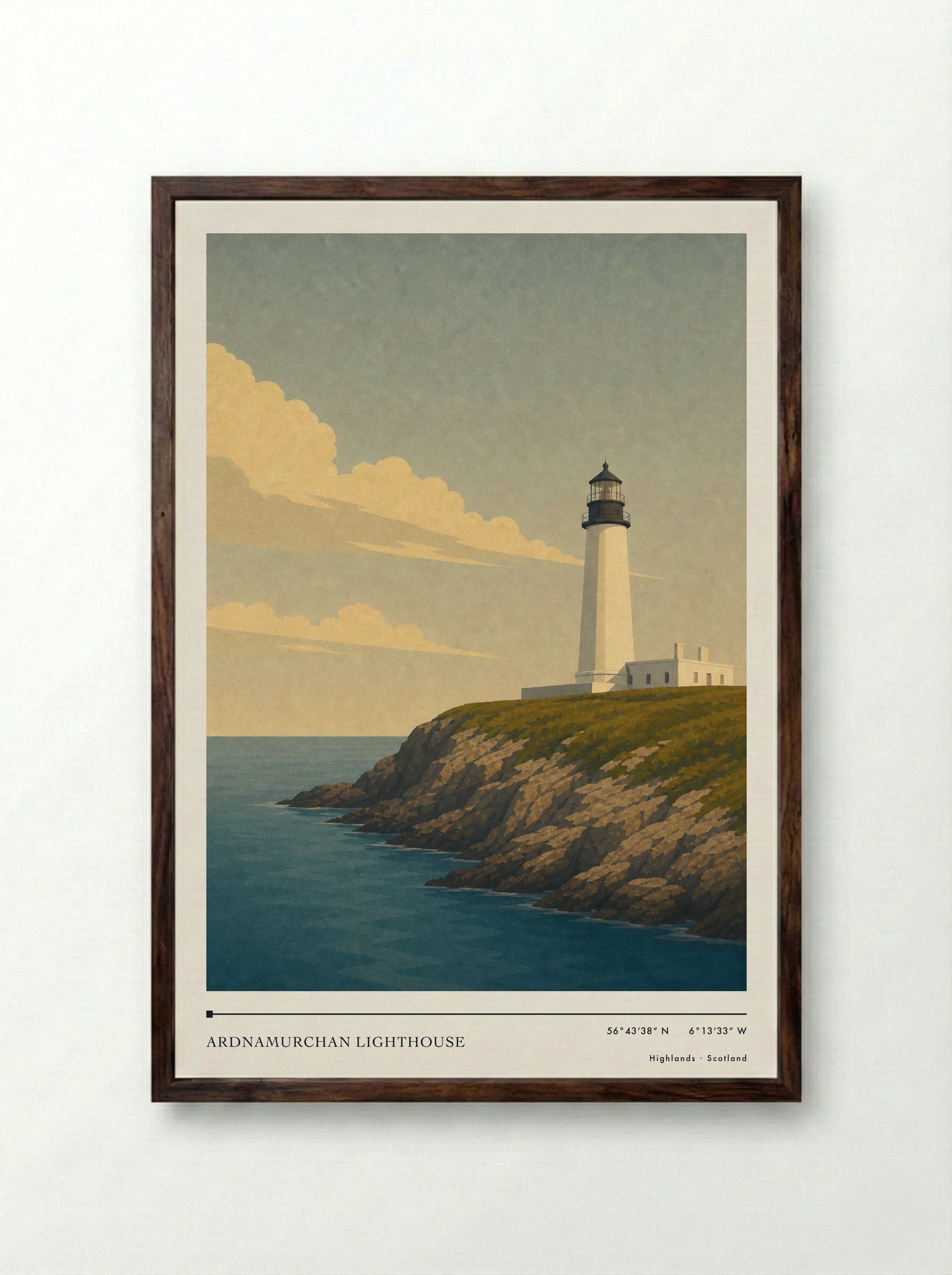 Ardnamurchan Lighthouse Travel Poster Artwork - Framed Print Dark Wood