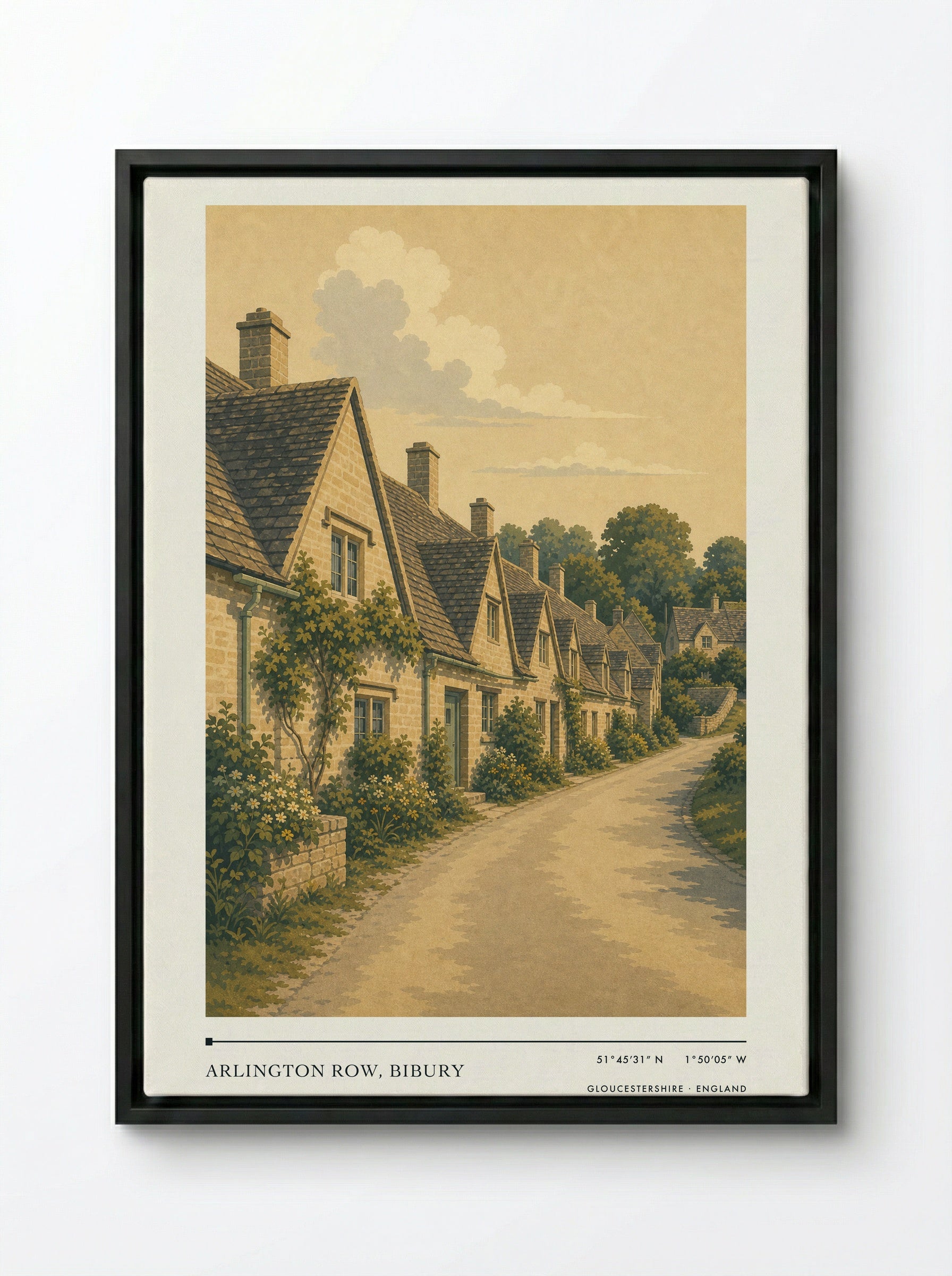 Arlington Row, Bibury Gloucestershire England Travel Poster - Framed Canvas Black