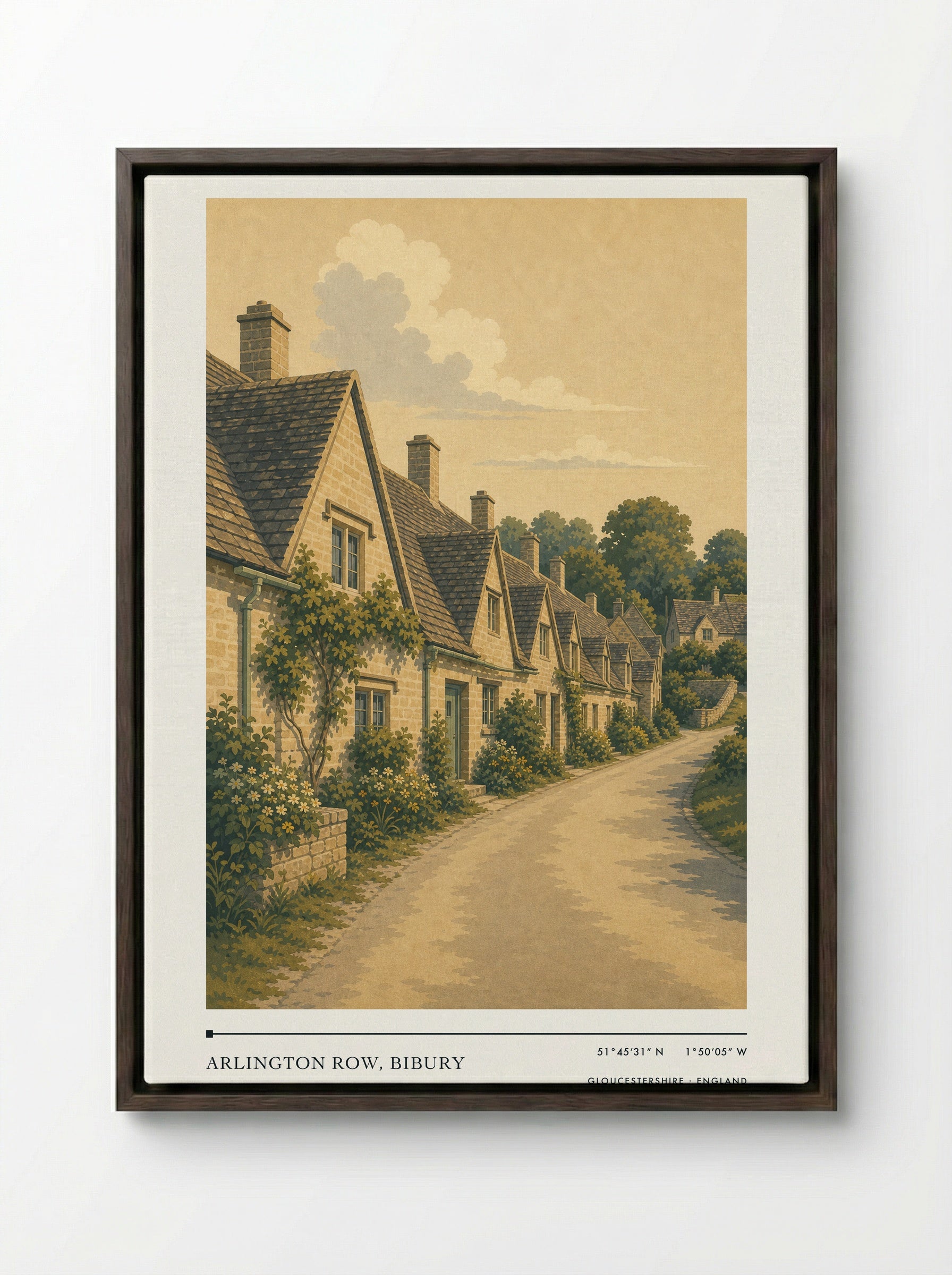 Arlington Row, Bibury Gloucestershire England Travel Poster - Framed Canvas Dark Wood