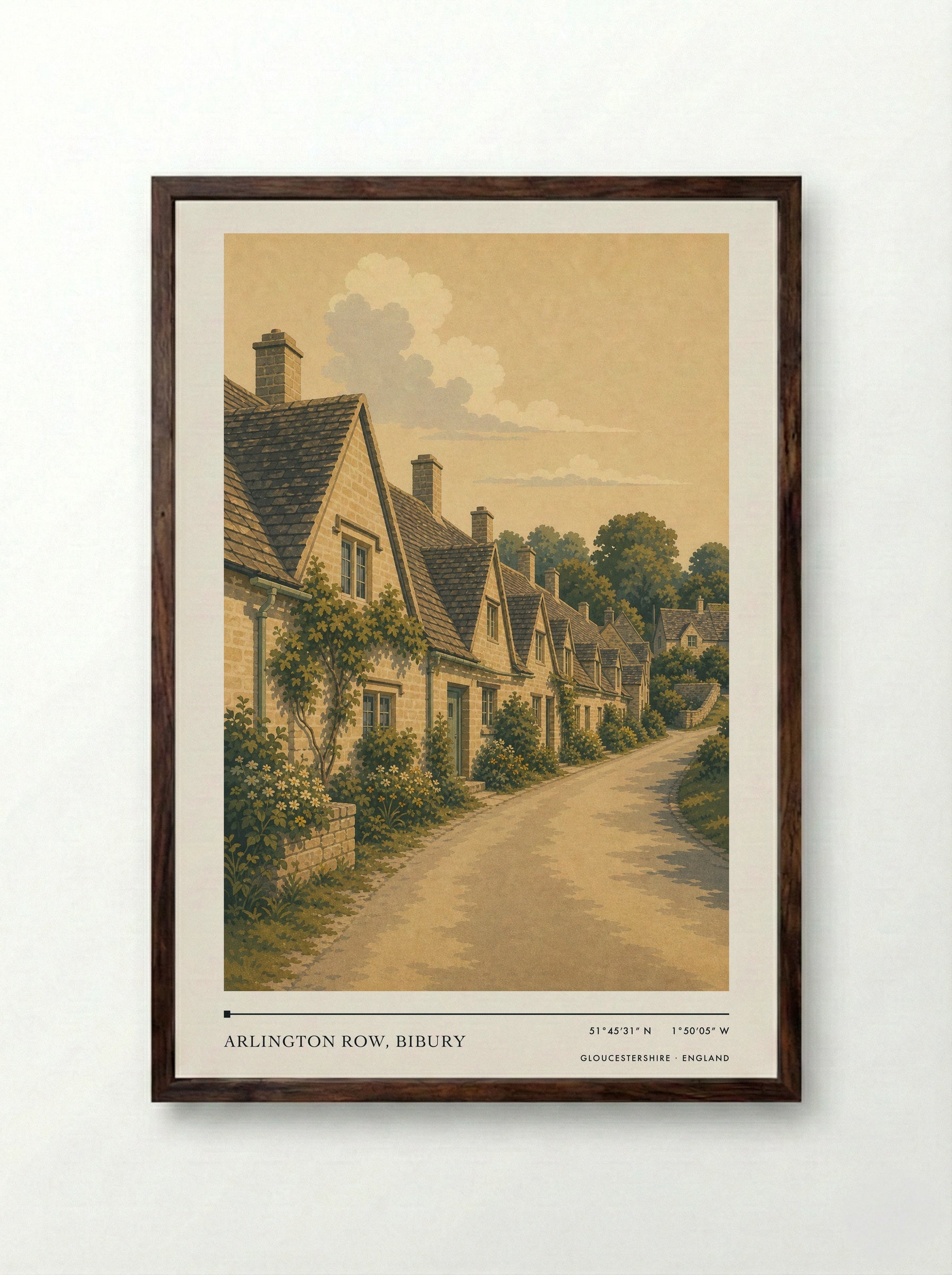 Arlington Row, Bibury Gloucestershire England Travel Poster - Framed Print Dark Wood