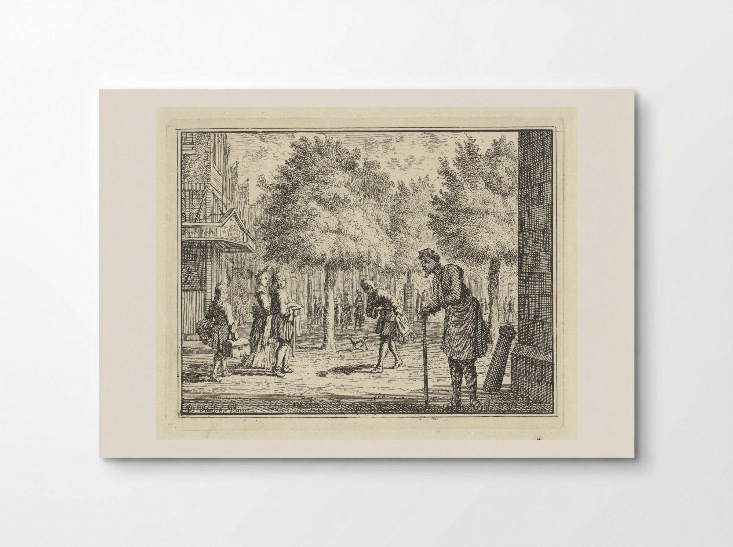 Arme man kijkt naar rijke figuren in een straat - Vincent Laurensz. van der Vinne (II) - Poster
