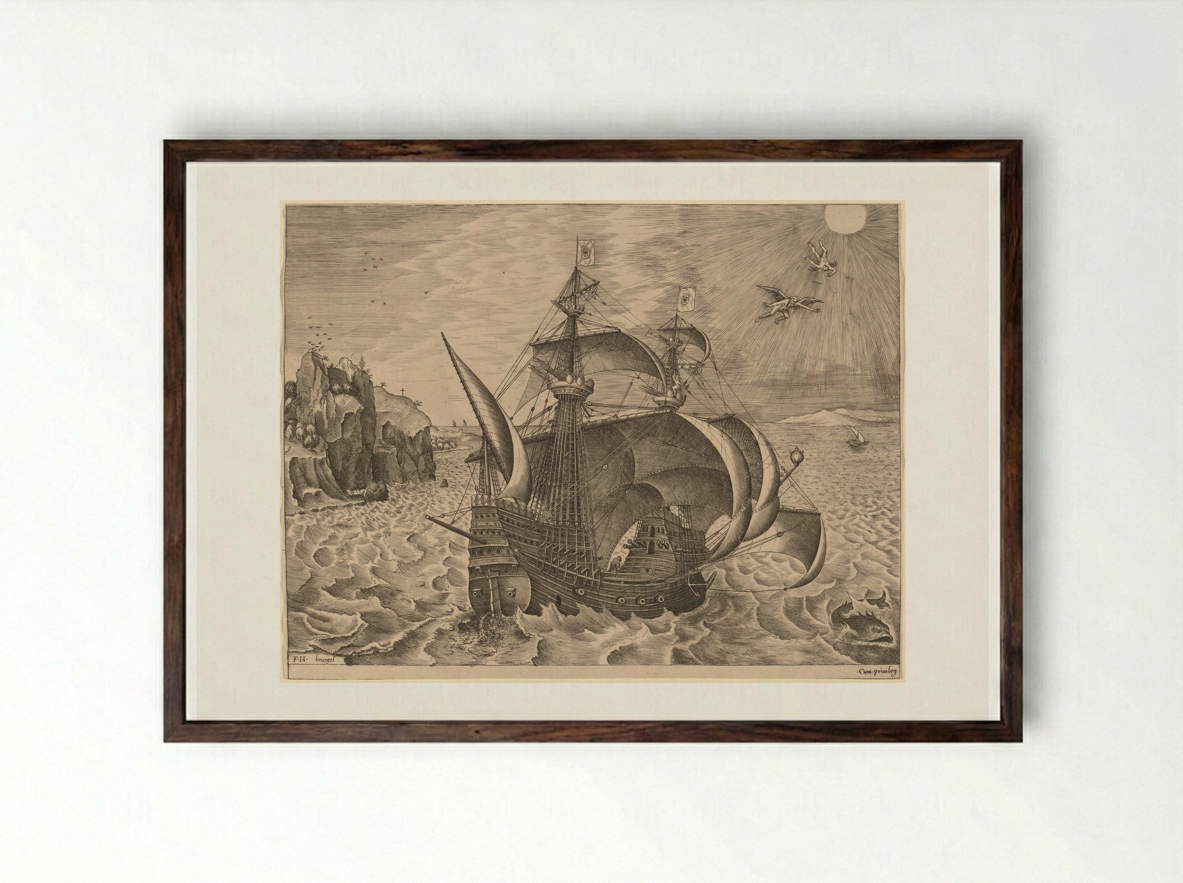 Armed Three-Master with Daedalus and Icarus - Pieter Bruegel the Elder - Framed Print Dark Wood