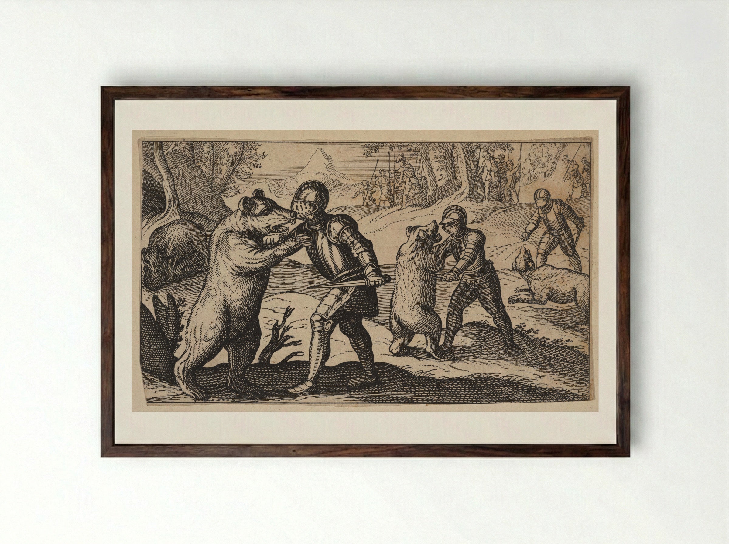 Armored Men Fighting Bears - Antonio Tempesta - Framed Print Dark Wood