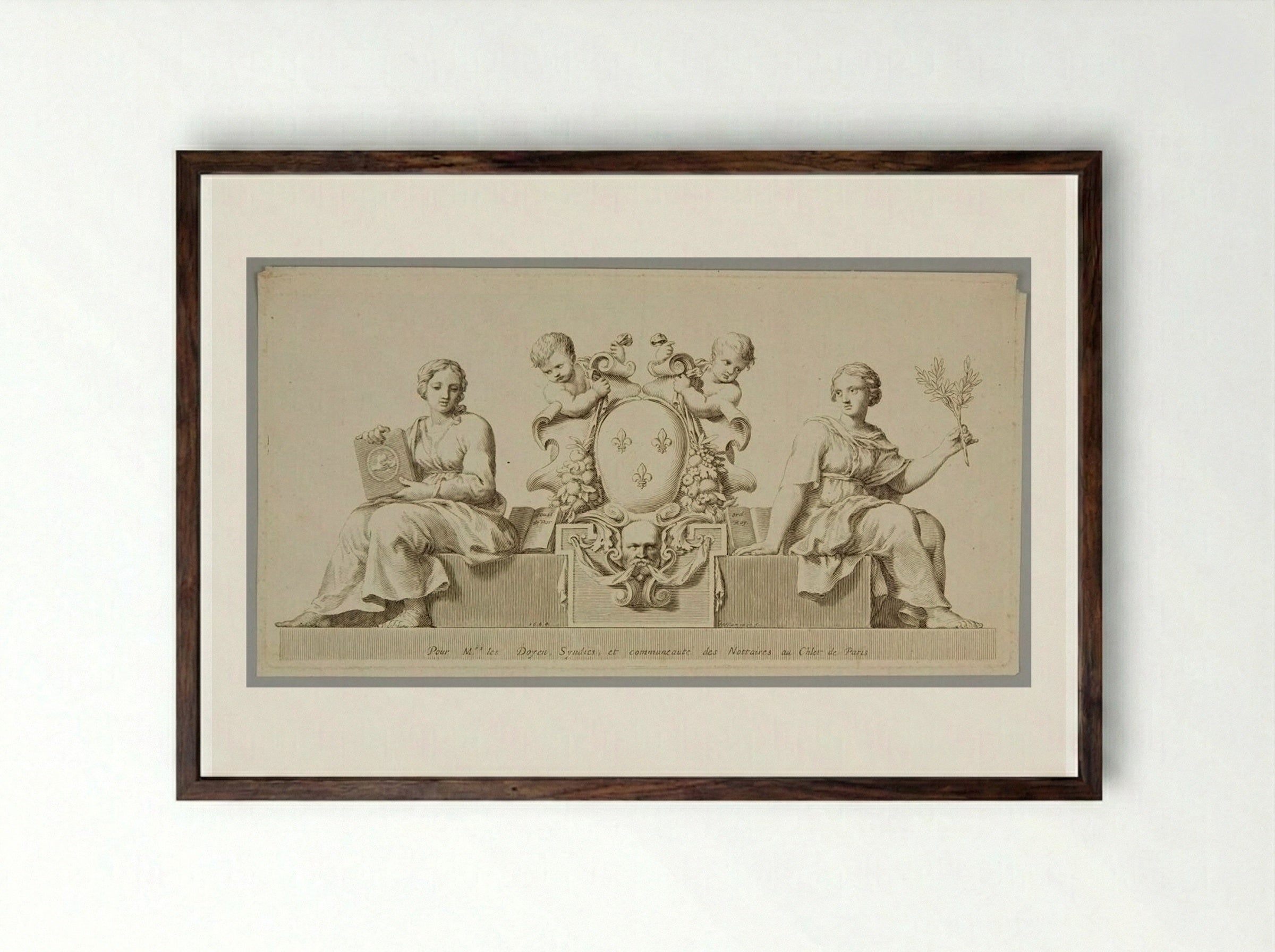 Arms of France with Law and Sincerity - Claude Mellan - Framed Print Dark Wood