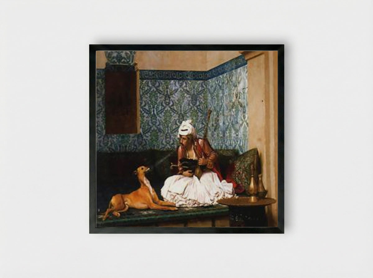 Arnaut Blowing Smoke at the Nose of His Dog - Jean-Léon Gérôme - Framed Print Black