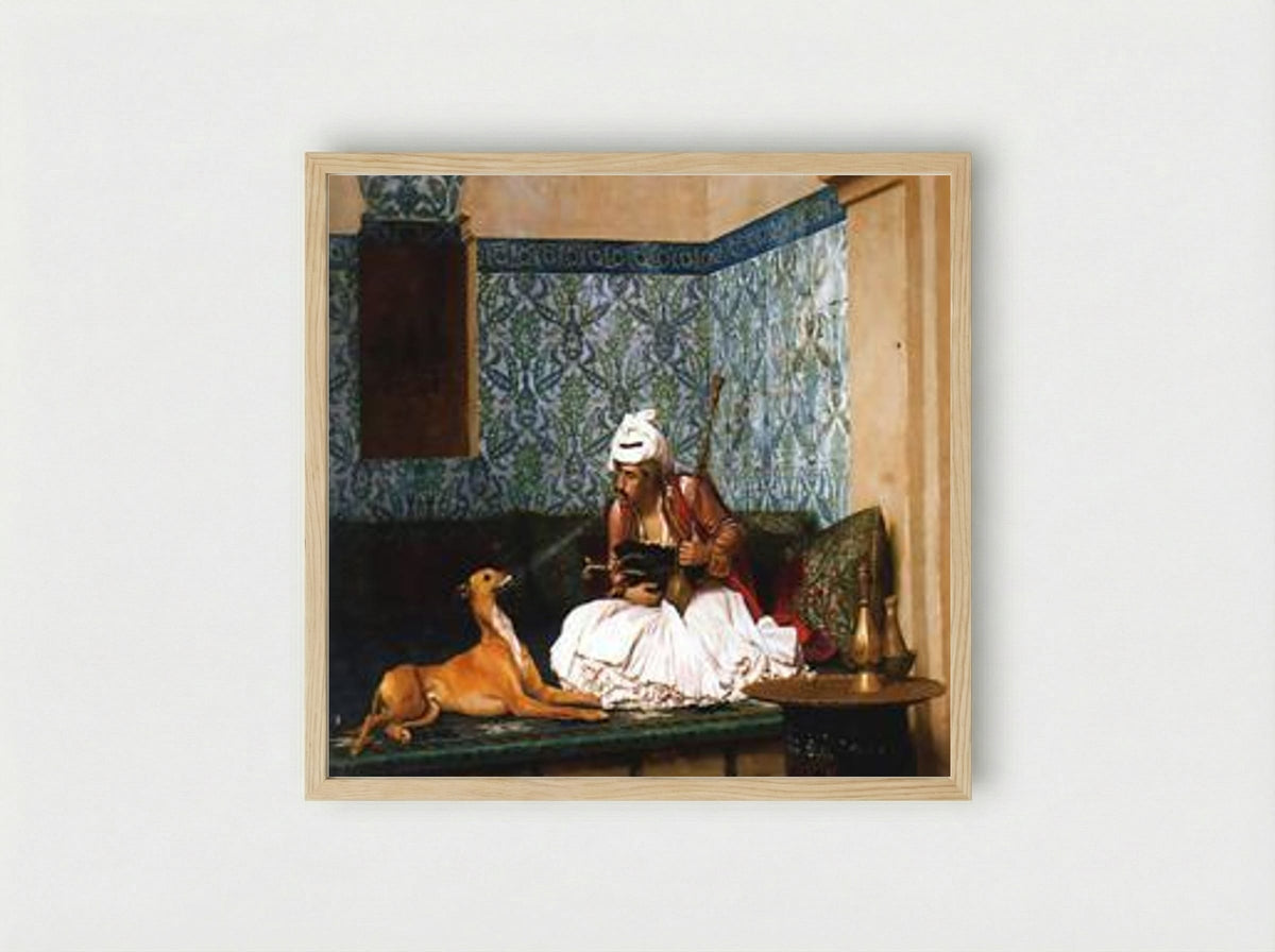 Arnaut Blowing Smoke at the Nose of His Dog - Jean-Léon Gérôme - Framed Print Wood