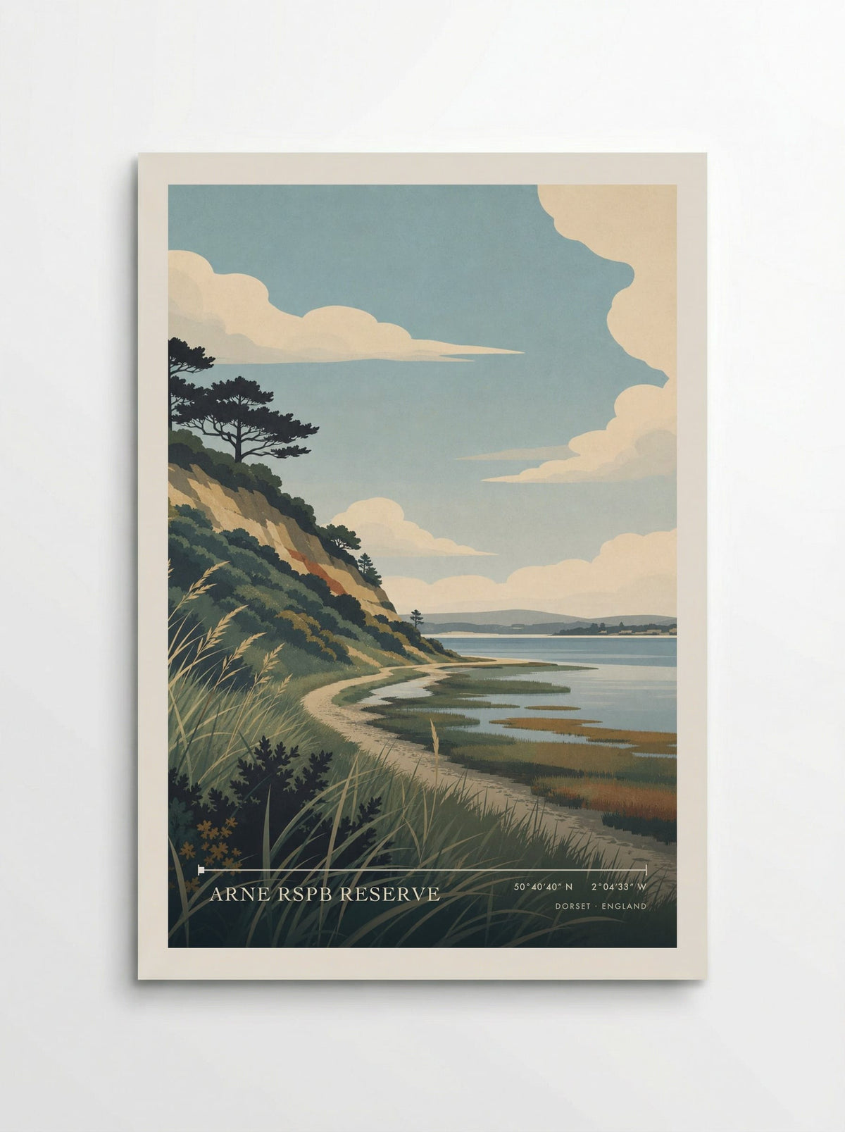 Arne RSPB Reserve, Dorset travel poster: a wooded sandy cliff, curving shore and reed-filled saltmarsh channels