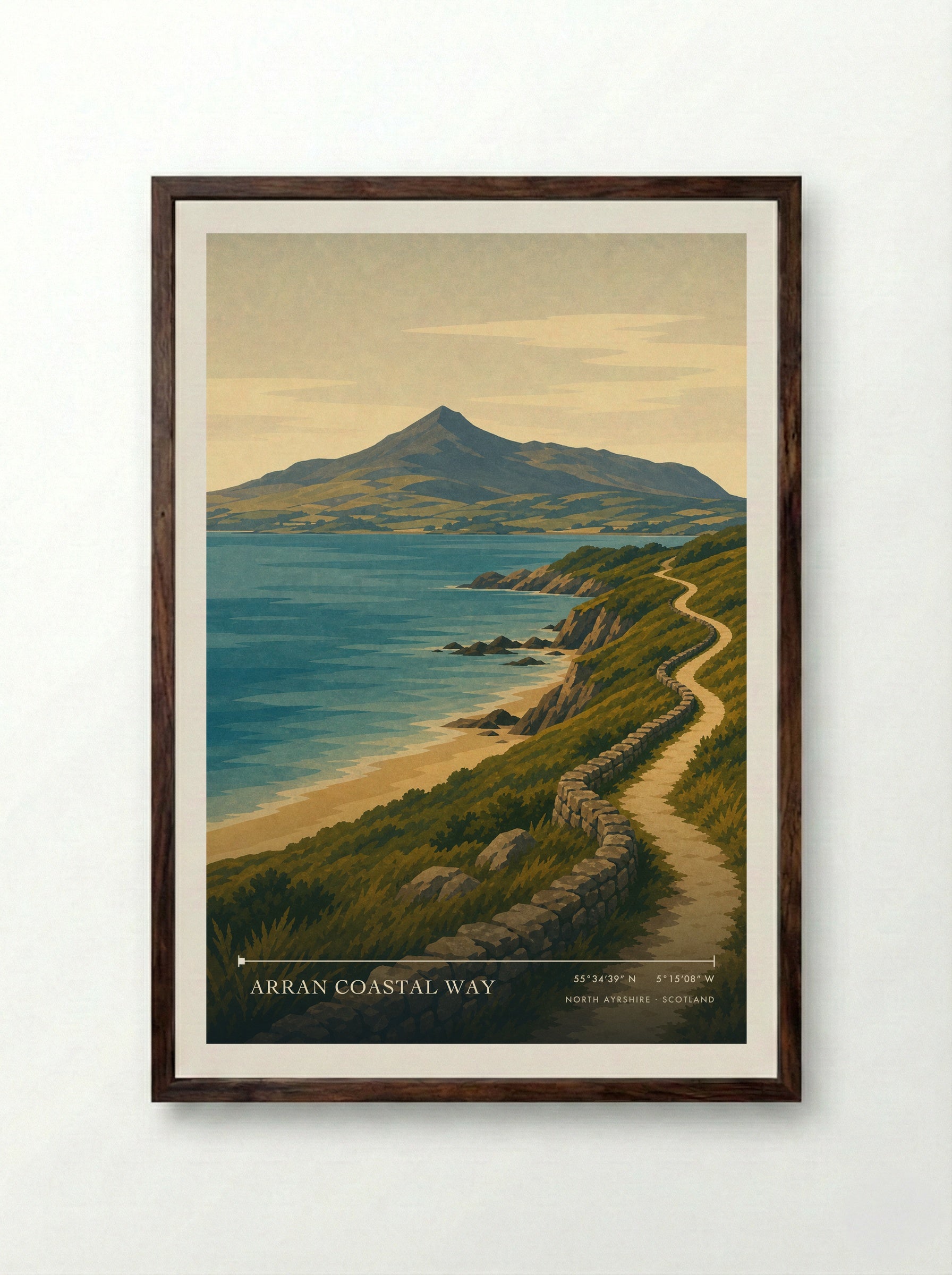 Arran Coastal Way Travel Poster Artwork - Framed Print Dark Wood