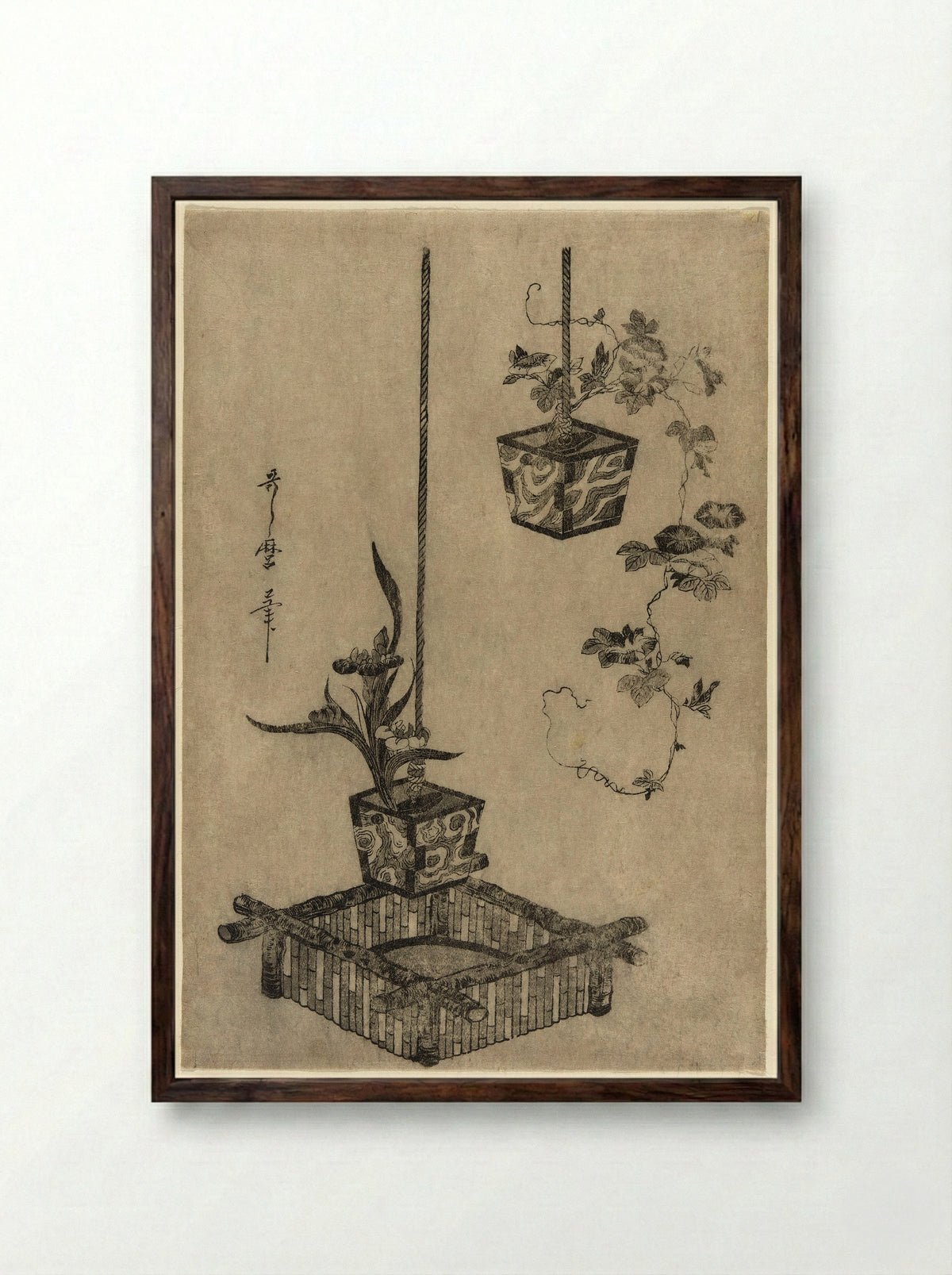 Arrangements of Irises and Morning Glories - Kitagawa Utamaro - Framed Print Dark Wood
