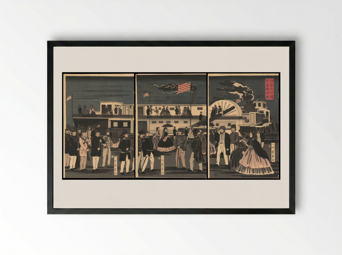 Arrival and Departure of an American Steamship - Utagawa Yoshikazu - Framed Print Black
