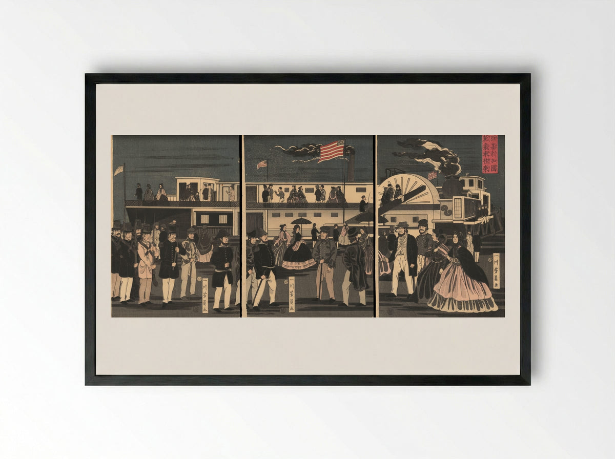 Arrival and Departure of an American Steamship - Utagawa Yoshikazu - Framed Print Black