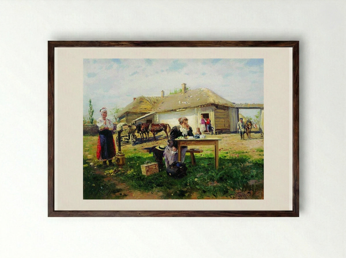 Arrival of a School Mistress in the Countryside - Vladimir Makovsky - Framed Print Dark Wood