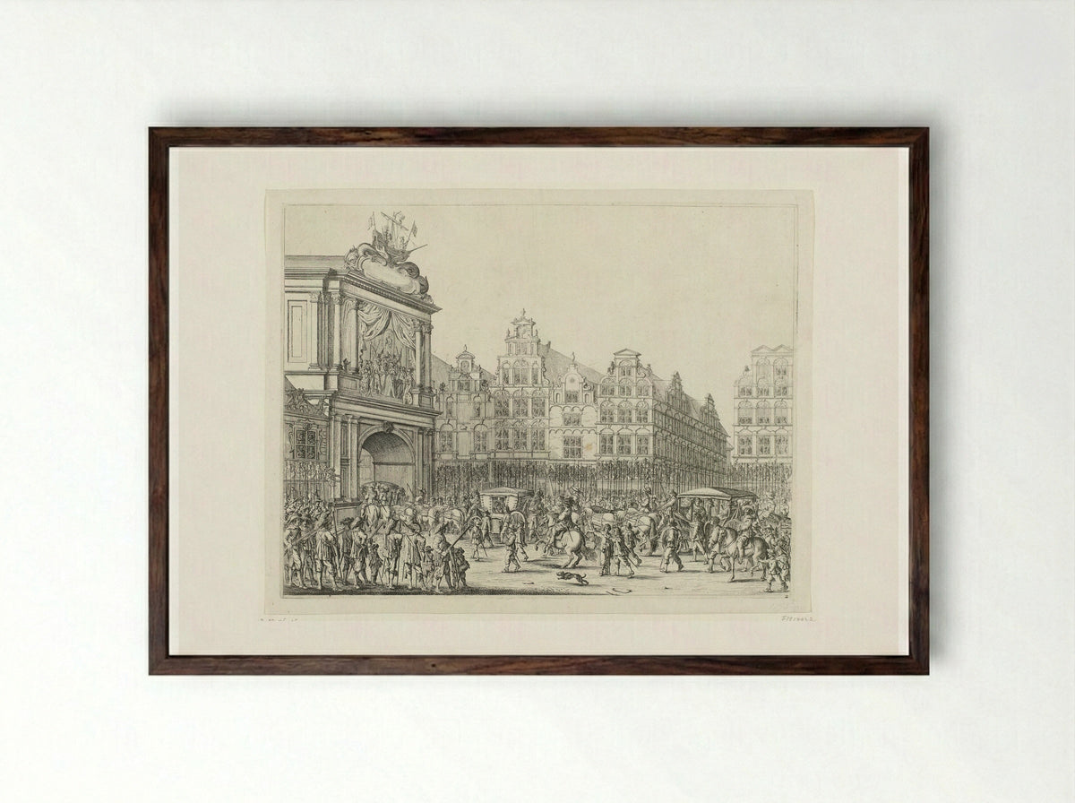 Arrival of the Procession Along the Nieuwerdijk on the Dam - Salomon Savery - Framed Print Dark Wood