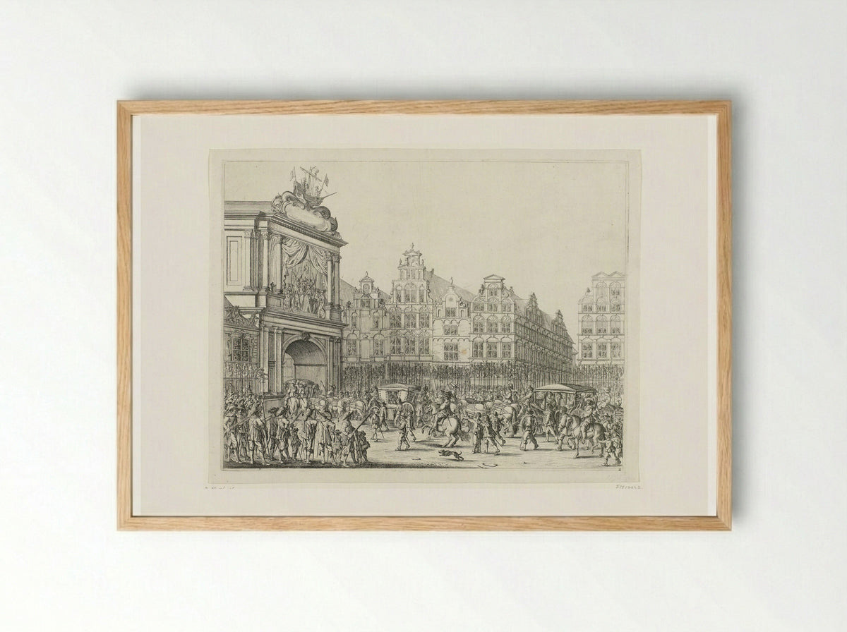 Arrival of the Procession Along the Nieuwerdijk on the Dam - Salomon Savery - Framed Print Wood