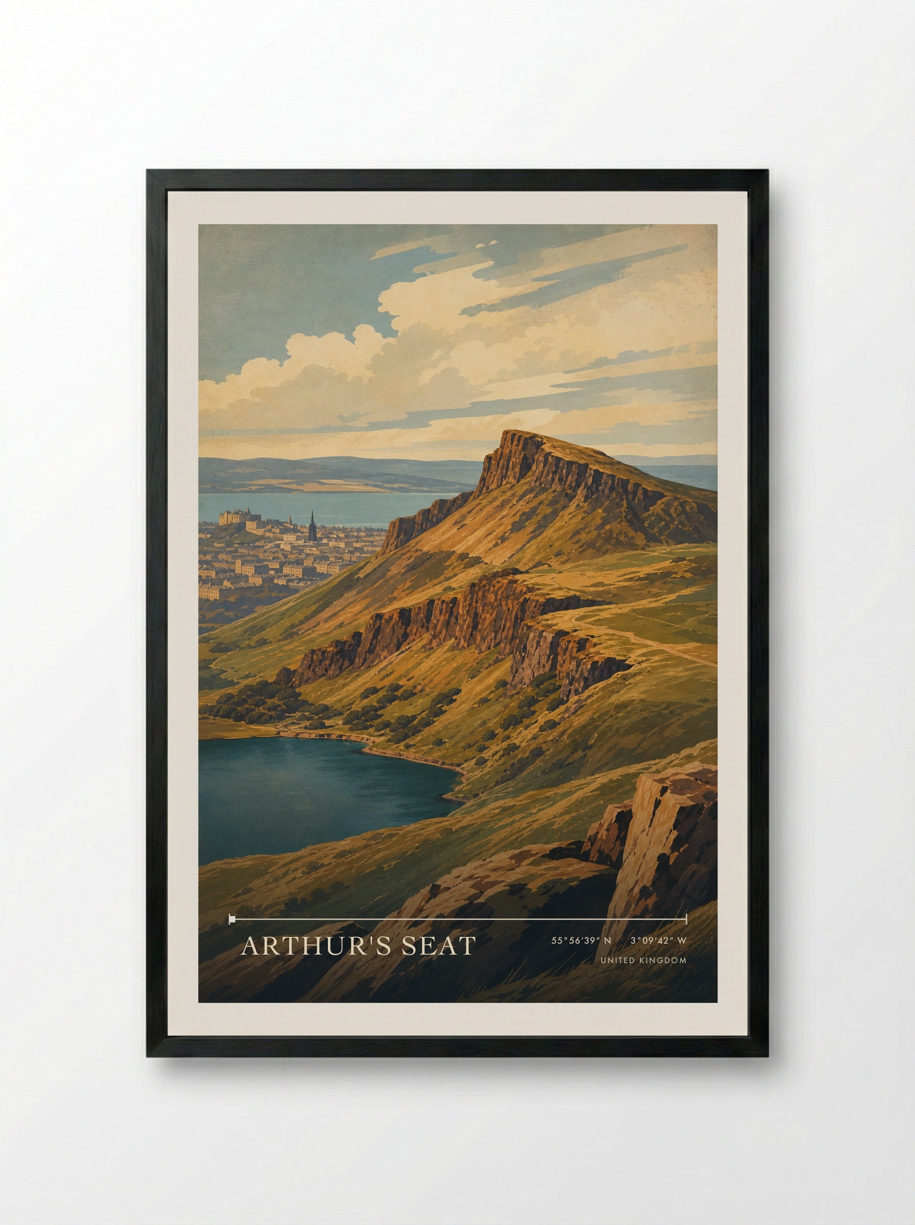 Arthur's Seat United Kingdom Travel Poster - Framed Print Black