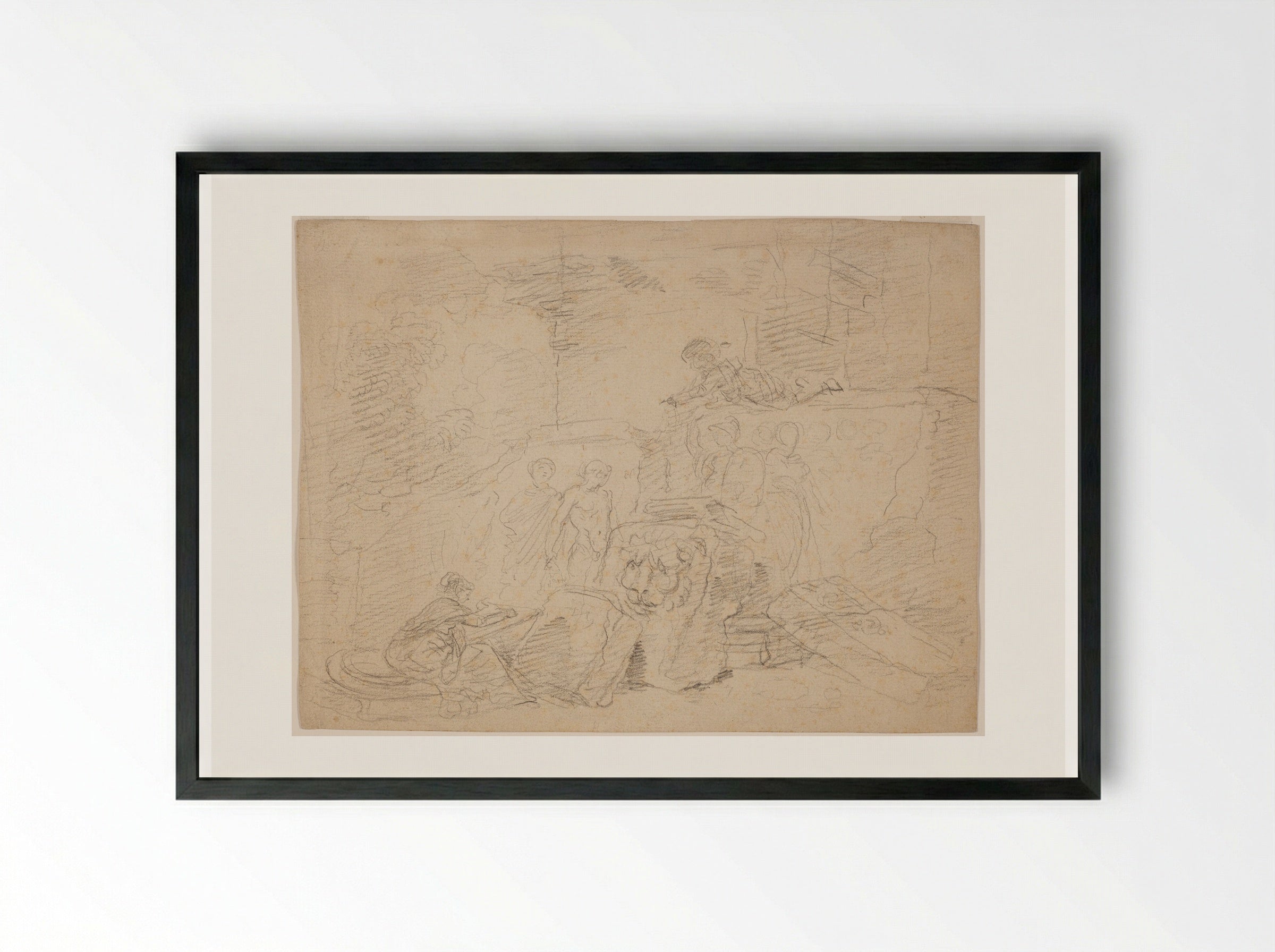 Artist Sketching amid Roman Ruins - Hubert Robert - Framed Print Black