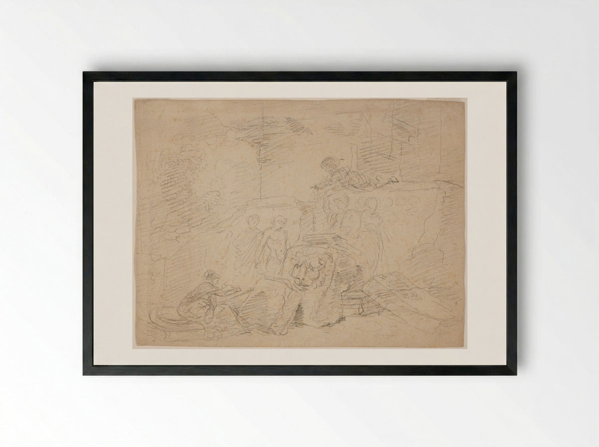 Artist Sketching amid Roman Ruins - Hubert Robert - Framed Print Black
