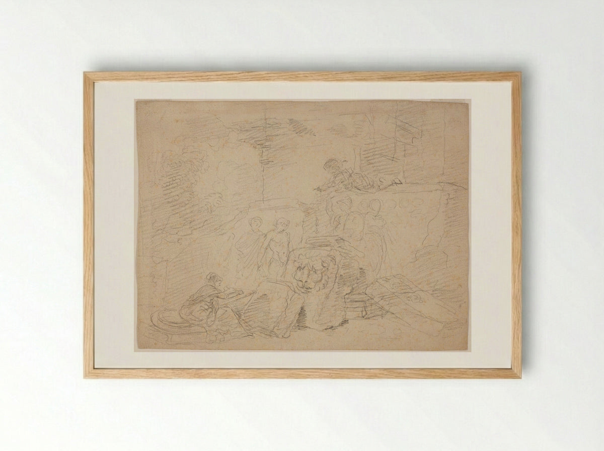 Artist Sketching amid Roman Ruins - Hubert Robert - Framed Print Wood