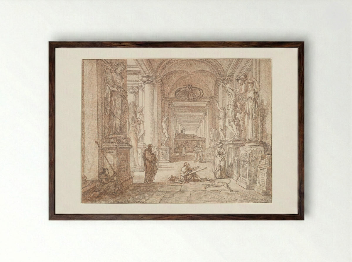 Artist Sketching in the Musei Capitolini, Rome - Jean-Robert Ango - Framed Print Dark Wood