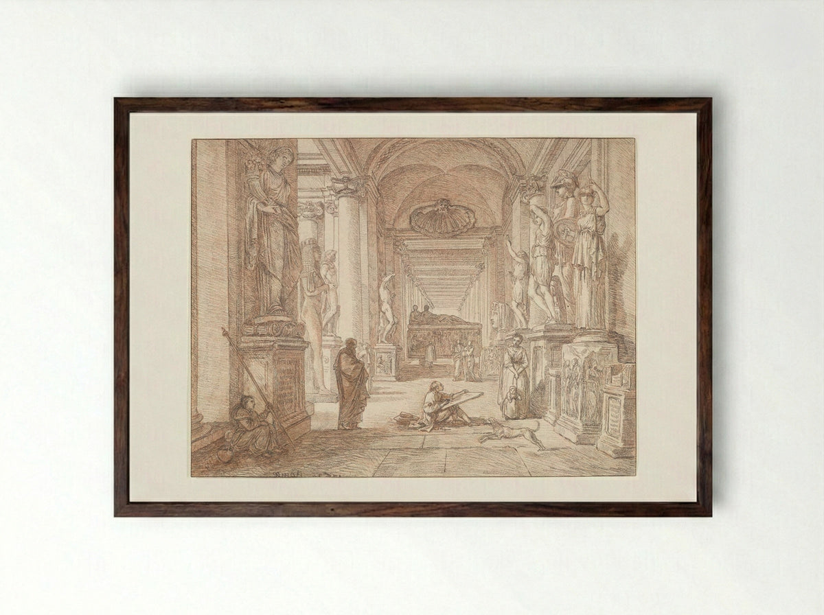 Artist Sketching in the Musei Capitolini, Rome - Jean-Robert Ango - Framed Print Dark Wood