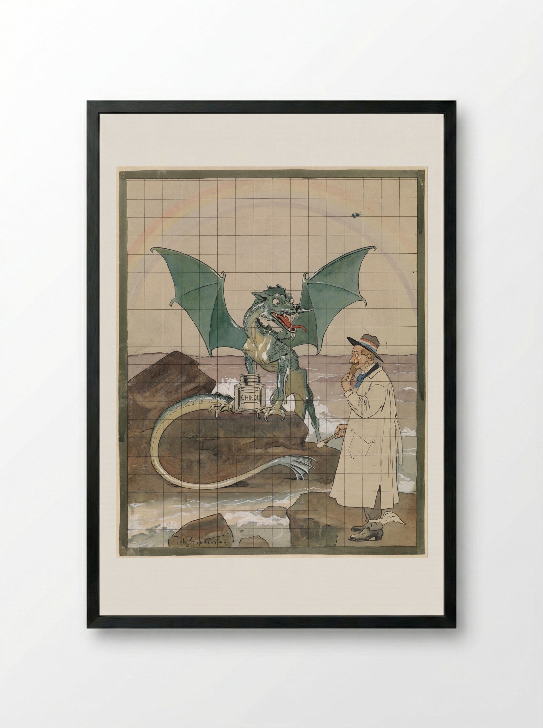 Artist with Dragon and Pot of Chinol - Johan Braakensiek - Framed Print Black